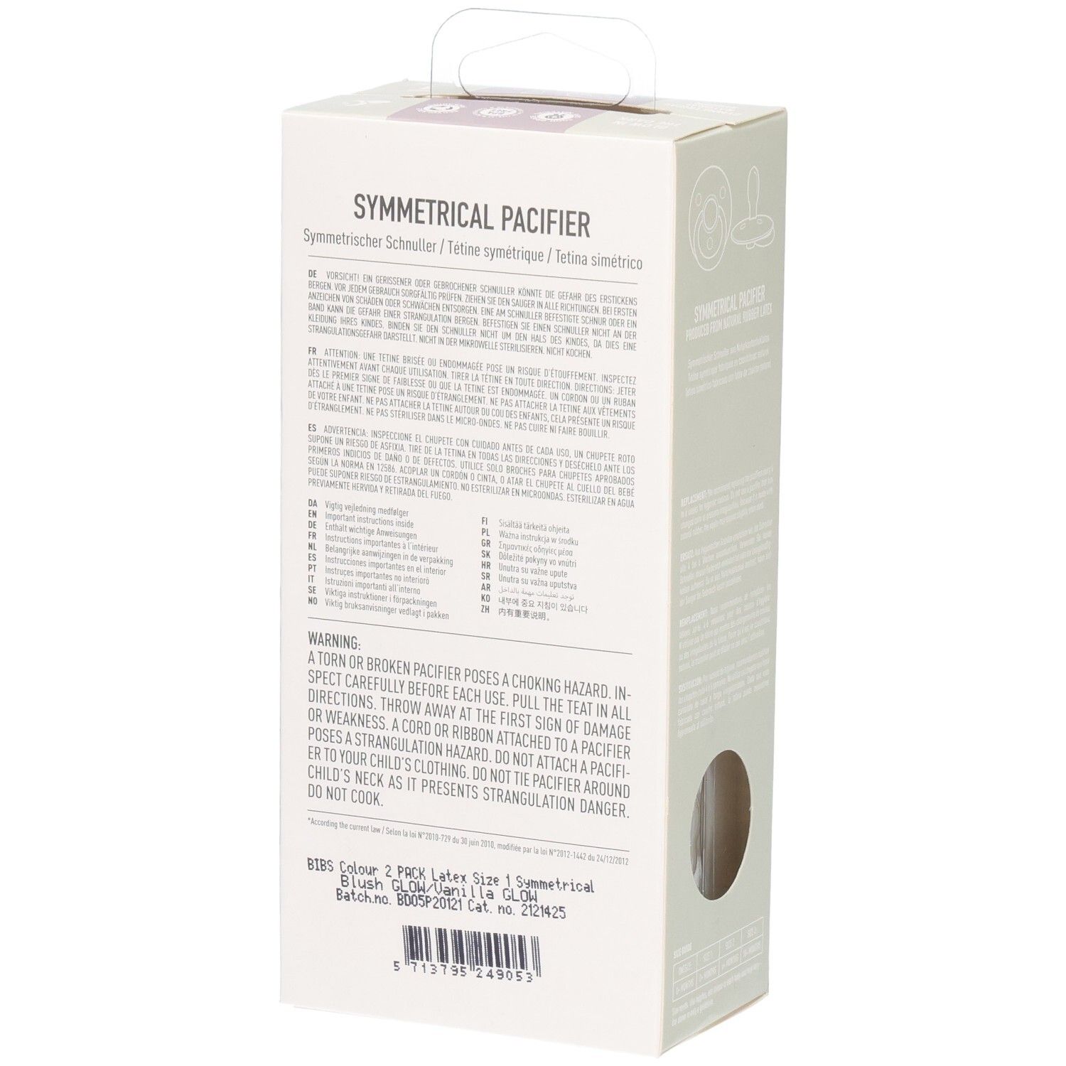 Rückseite der BIBS Schnuller-Verpackung. Text in mehreren Sprachen. Warnhinweise. Symmetrischer Schnuller.