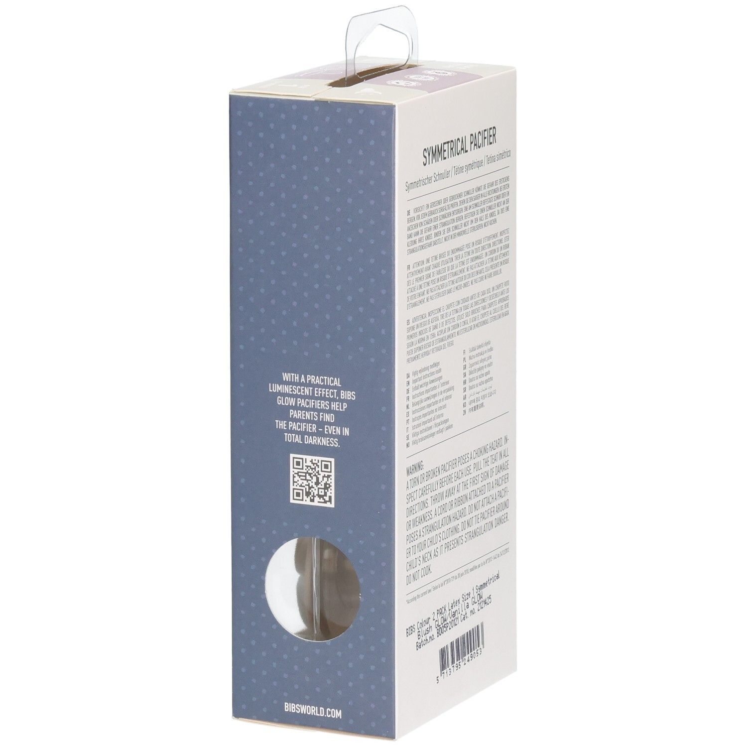BIBS Schnuller-Verpackung, Seitenansicht. Text über leuchtenden Effekt. QR-Code. Symmetrischer Schnuller.
