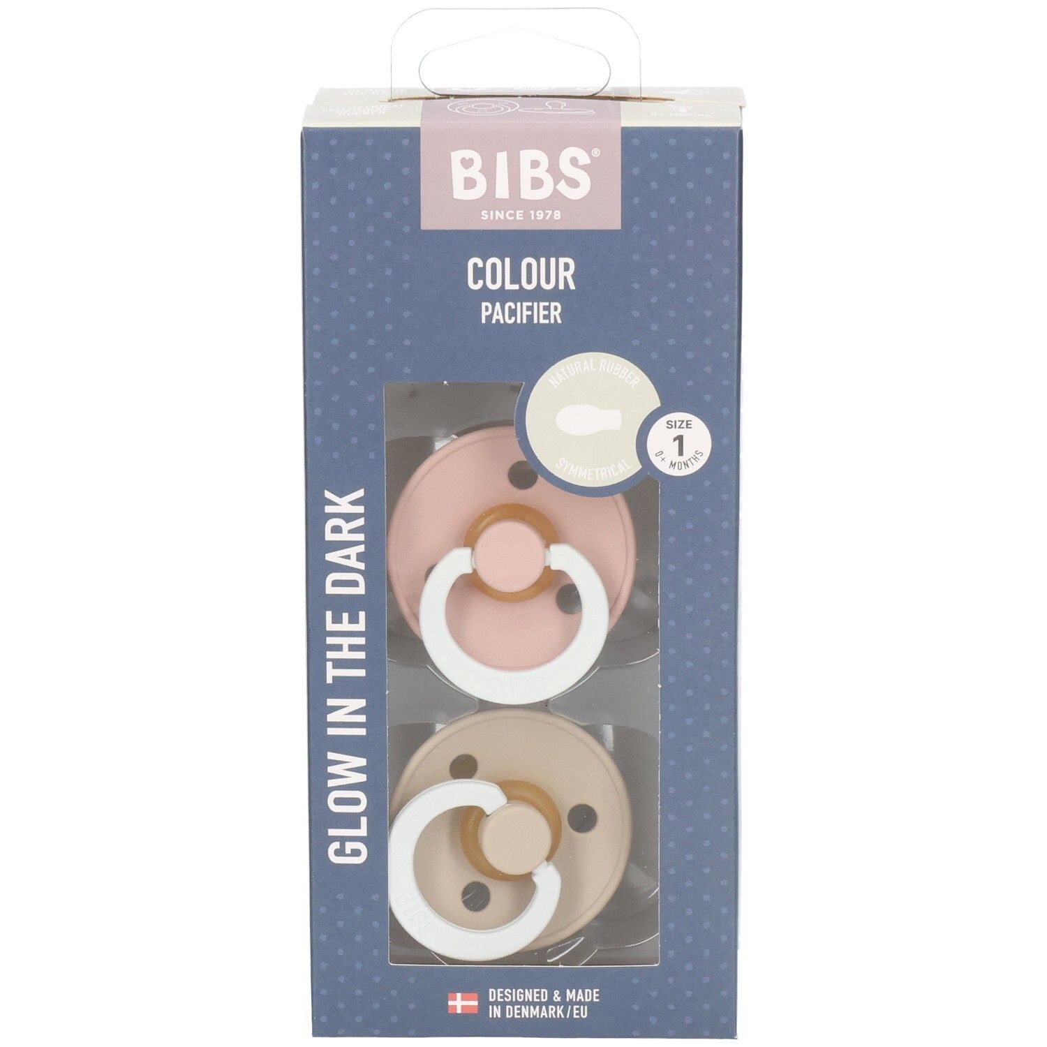 BIBS Colour Schnuller Duo. Zwei Schnuller in Rosa und Beige. Verpackung mit Sichtfenster. Aufschrift: Glow in the Dark.