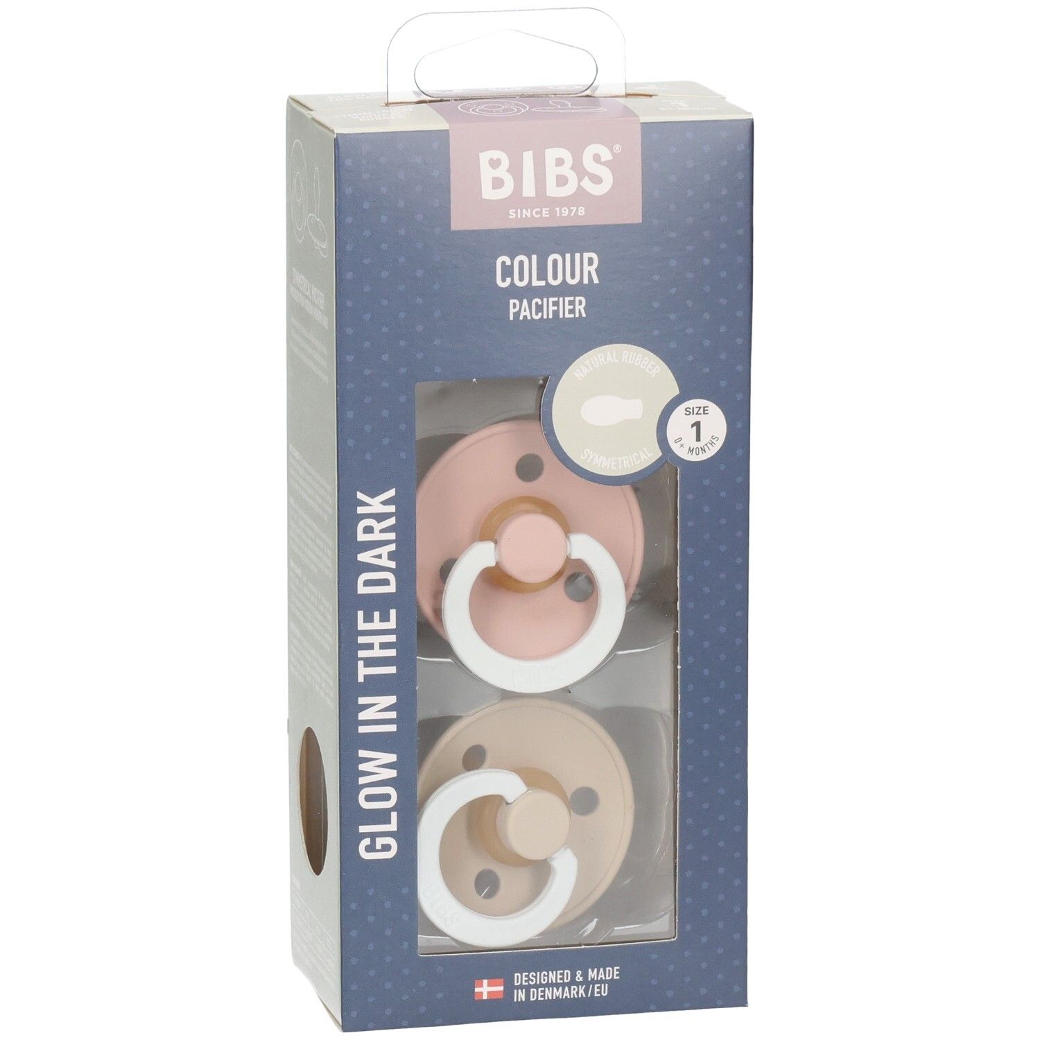 BIBS Colour Schnuller Duo. Zwei Schnuller in Rosa und Beige. Verpackung mit Sichtfenster. Aufschrift: Glow in the Dark.