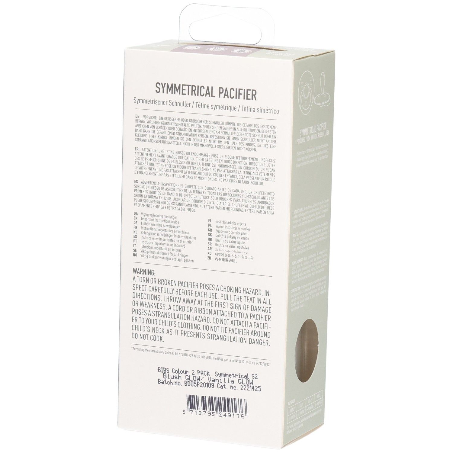 Rückseite der BIBS Schnuller-Verpackung. Text in mehreren Sprachen. Warnhinweise. Produktinformationen.