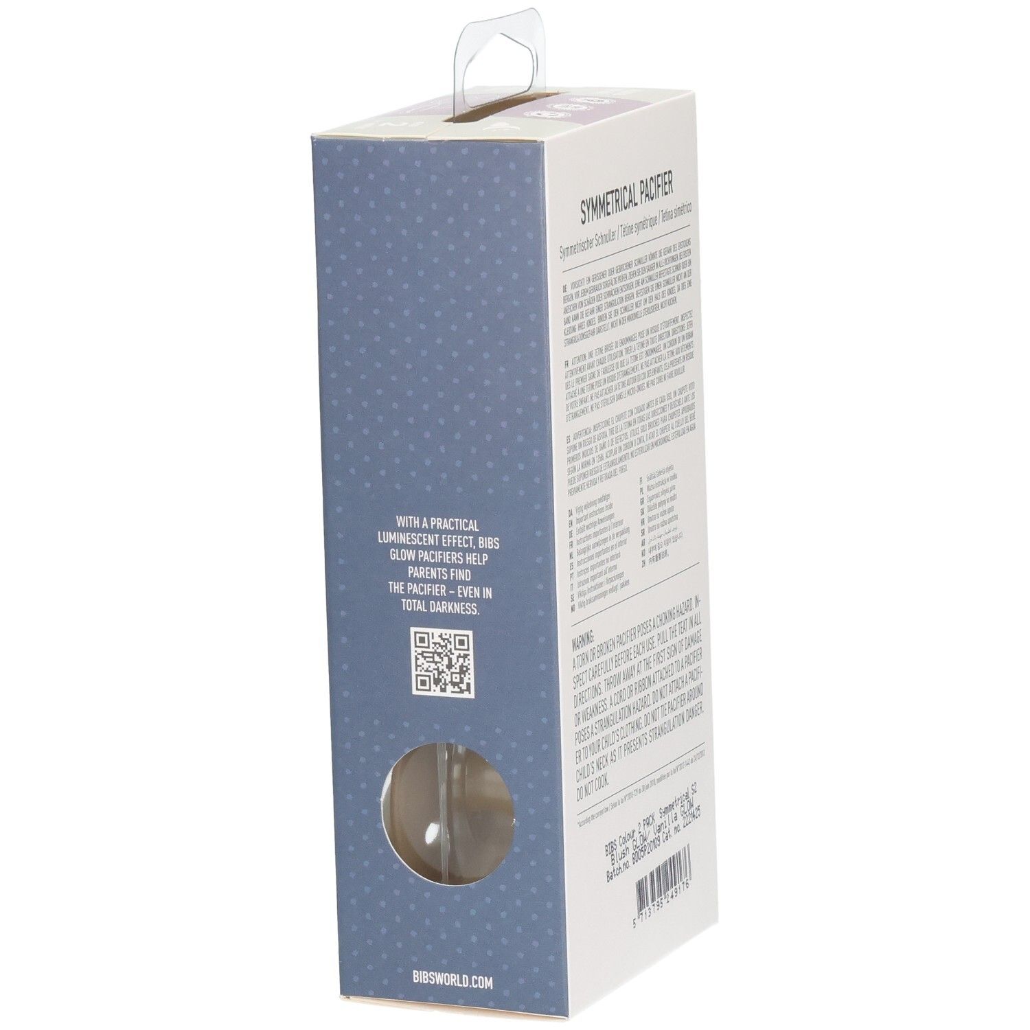 Seite der BIBS Schnuller-Verpackung. Text in mehreren Sprachen. QR-Code. "Glow in the Dark".