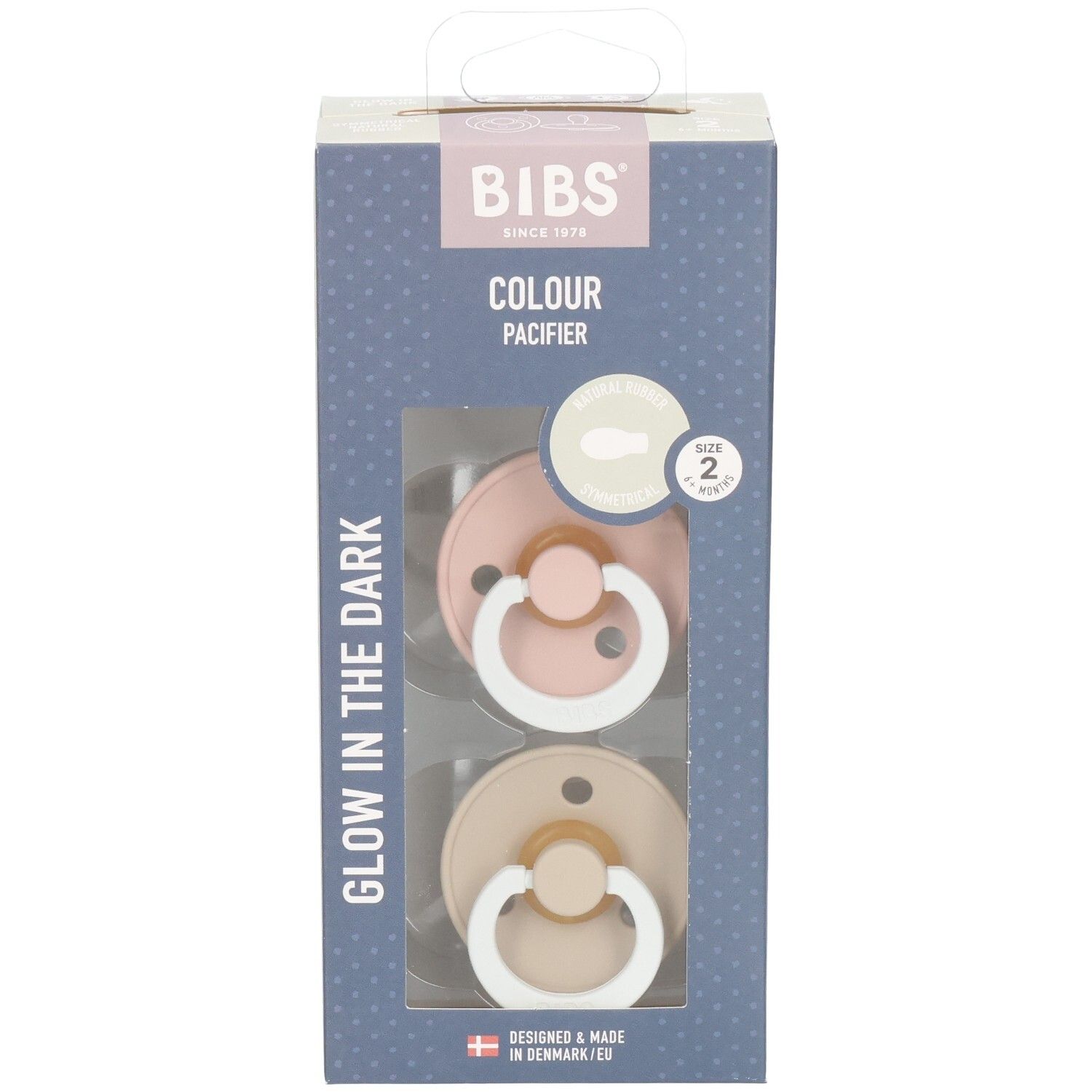 BIBS Colour Schnuller-Duo-Pack. Zwei Schnuller in Rosa und Beige in einer Verpackung. Sichtfenster. "Glow in the Dark".