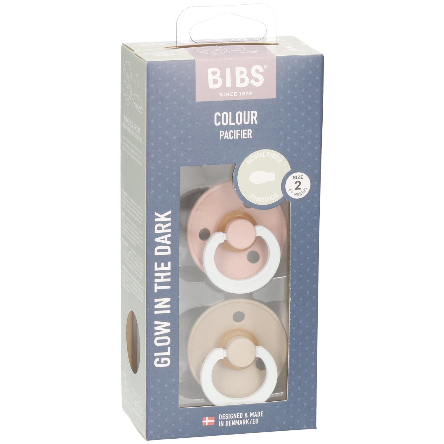 BIBS Colour Schnuller-Duo-Pack. Zwei Schnuller in Rosa und Beige in einer Verpackung. Sichtfenster. "Glow in the Dark".