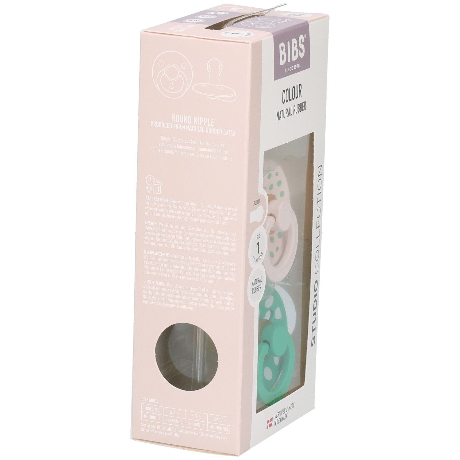 Seitenansicht der Verpackung mit zwei Schnullern. Rosa und grüne Schnuller. Marke: BIBS. Naturgummi.
