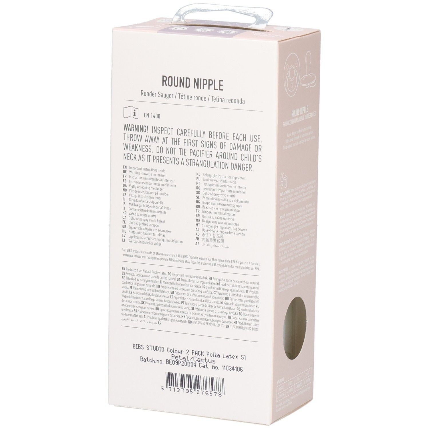 Rückseite der Verpackung mit Text. Enthält Warnhinweise und Produktinformationen. Marke: BIBS.
