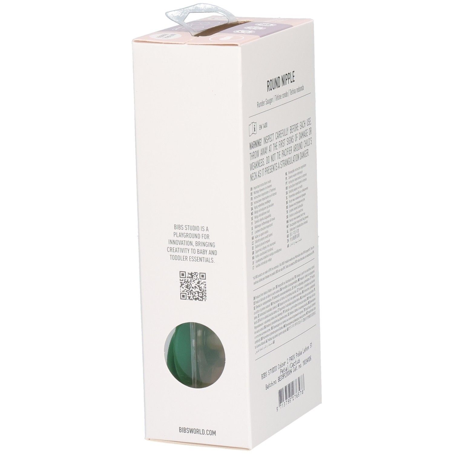 Rückseite der Verpackung mit Text. Enthält Warnhinweise und Produktinformationen. Marke: BIBS.