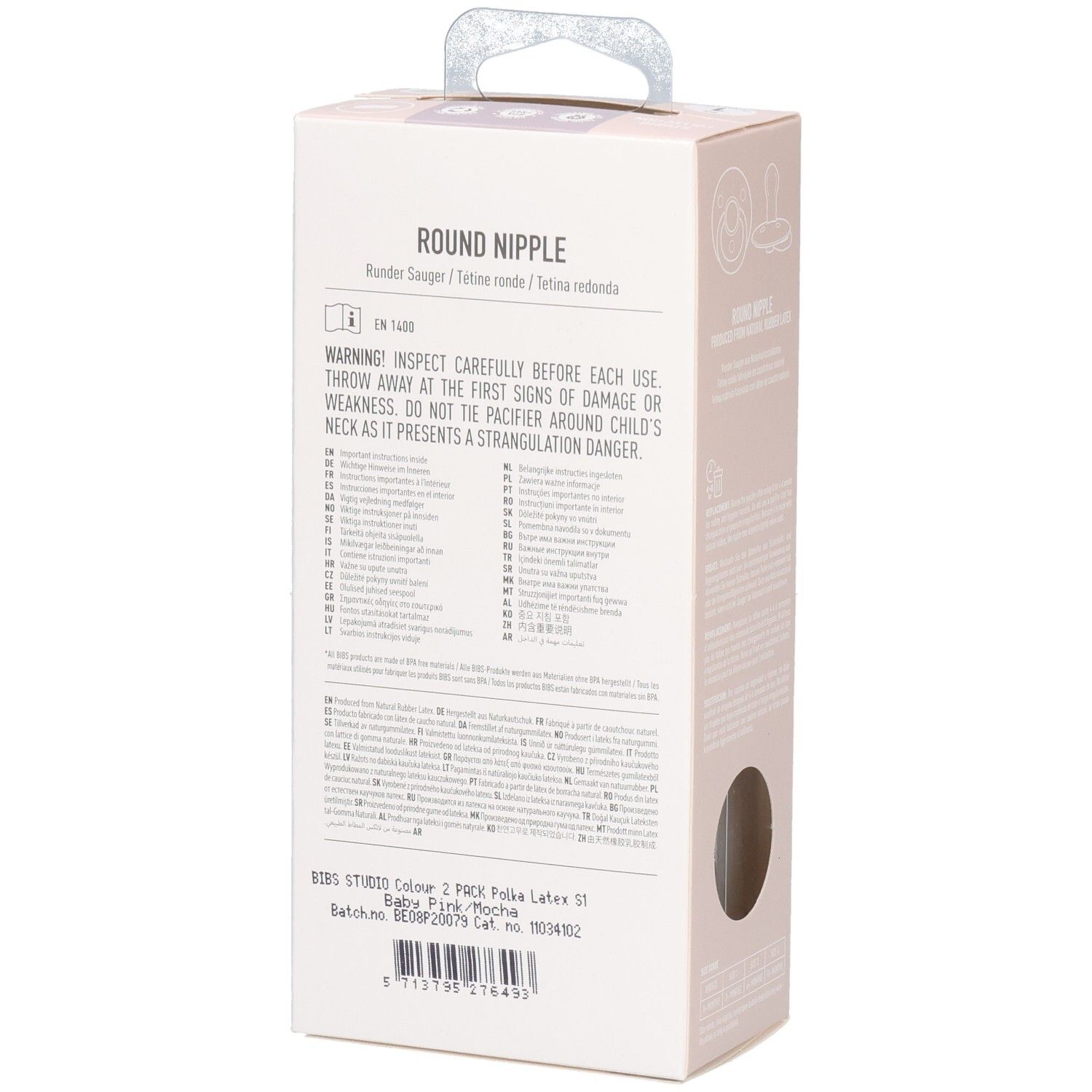 Rückseite der Verpackung. Text in mehreren Sprachen. Marke: BIBS. Warnhinweise. Hergestellt in Dänemark.