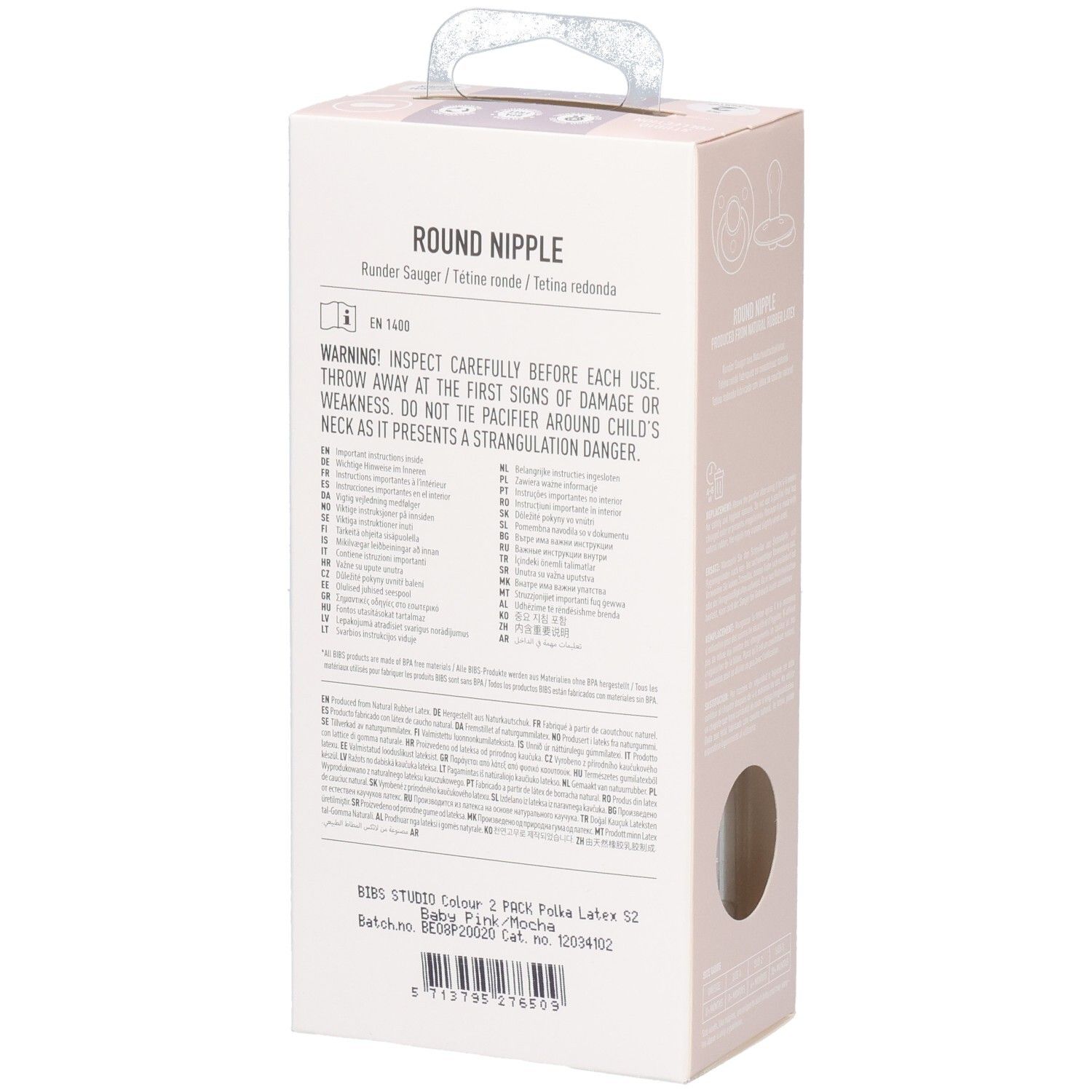 Rückseite der Verpackung mit Text. Text: Round Nipple, Warnhinweise, BIBS Studio Colour 2 Pack Polka Latex S2.