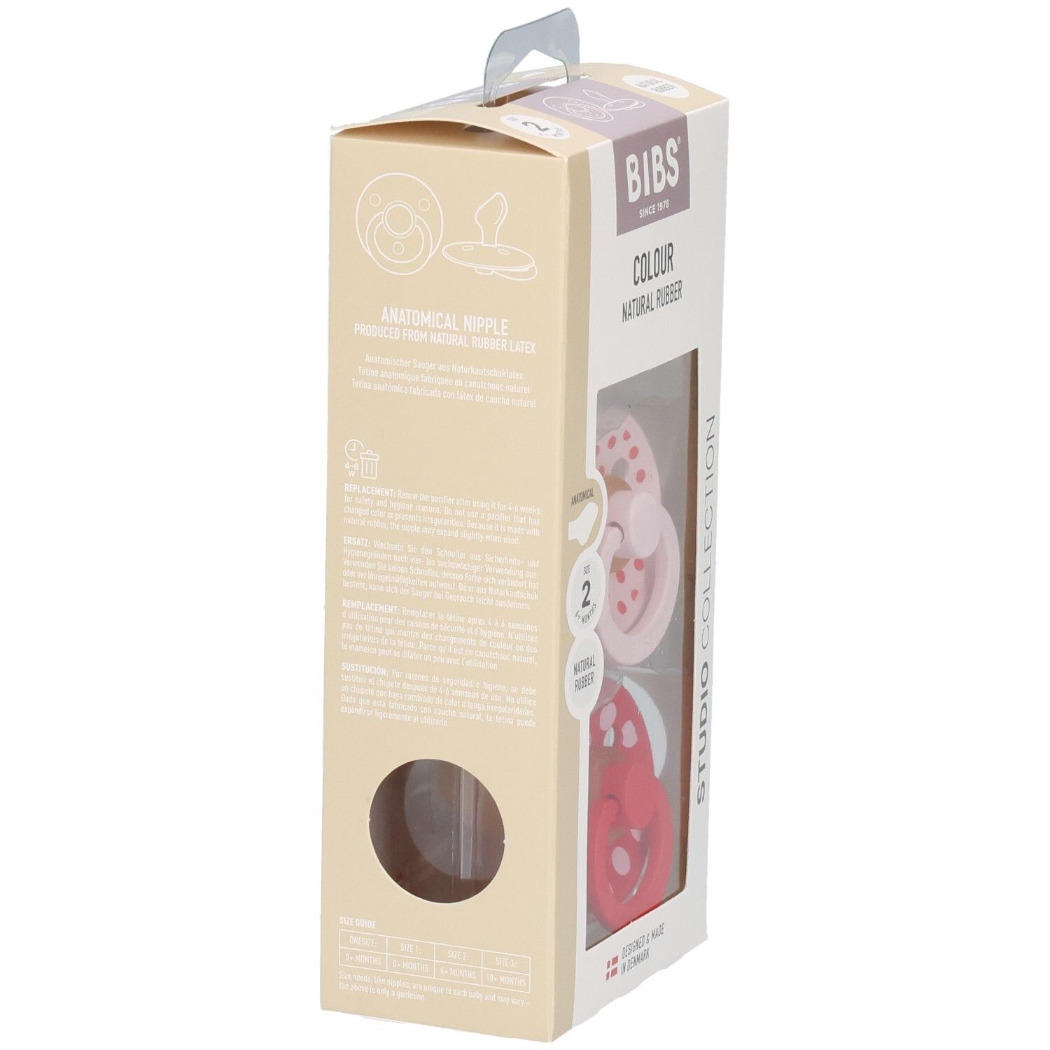 Seitenansicht der Verpackung mit zwei Schnullern. Sichtfenster zeigt die Schnuller. BIBS-Logo und Produktinformationen.