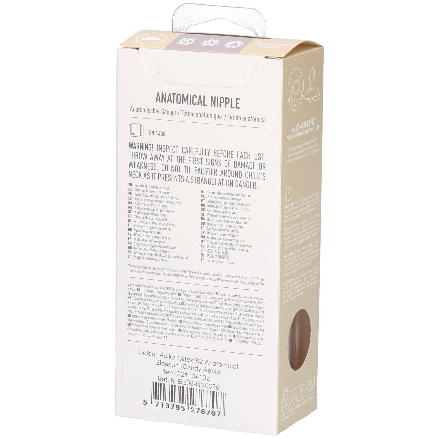 Rückseite der Verpackung mit Produktinformationen. Text in mehreren Sprachen. Warnhinweise und Herstellerinformationen.