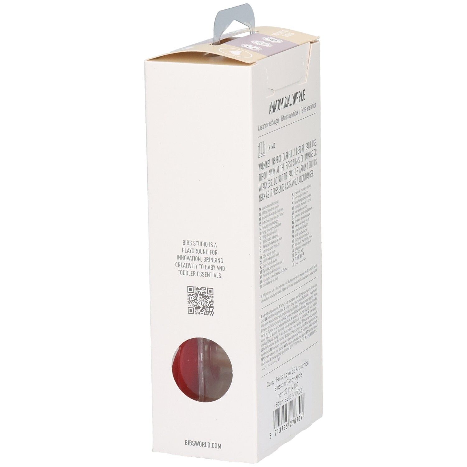 Rückseite der Verpackung mit Text. BIBS Studio-Informationen und QR-Code. Anatomischer Sauger.