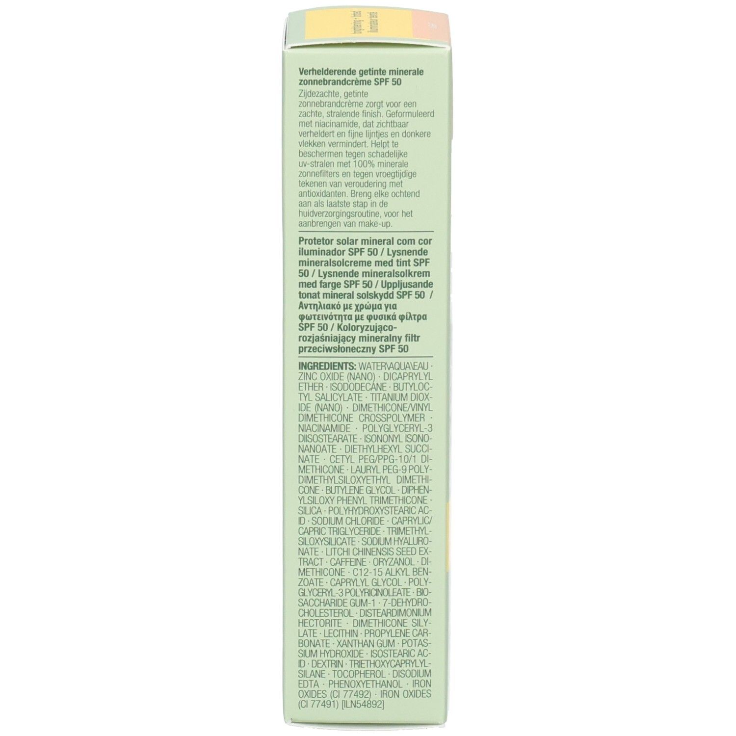 Seite einer Clinique UV Solutions Sonnenschutz-Verpackung mit Inhaltsstoffen.