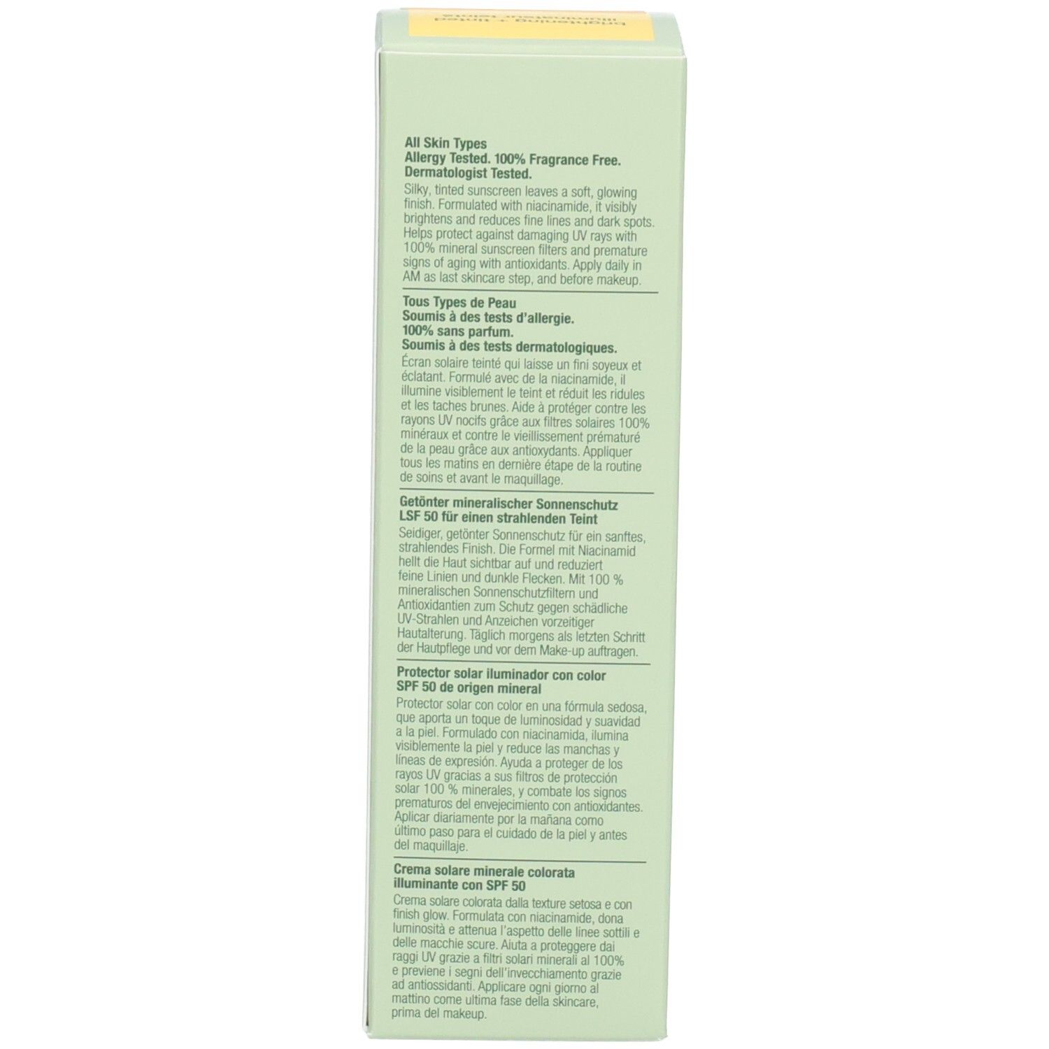 Seite einer Clinique UV Solutions Sonnenschutz-Verpackung mit Anwendungshinweisen.