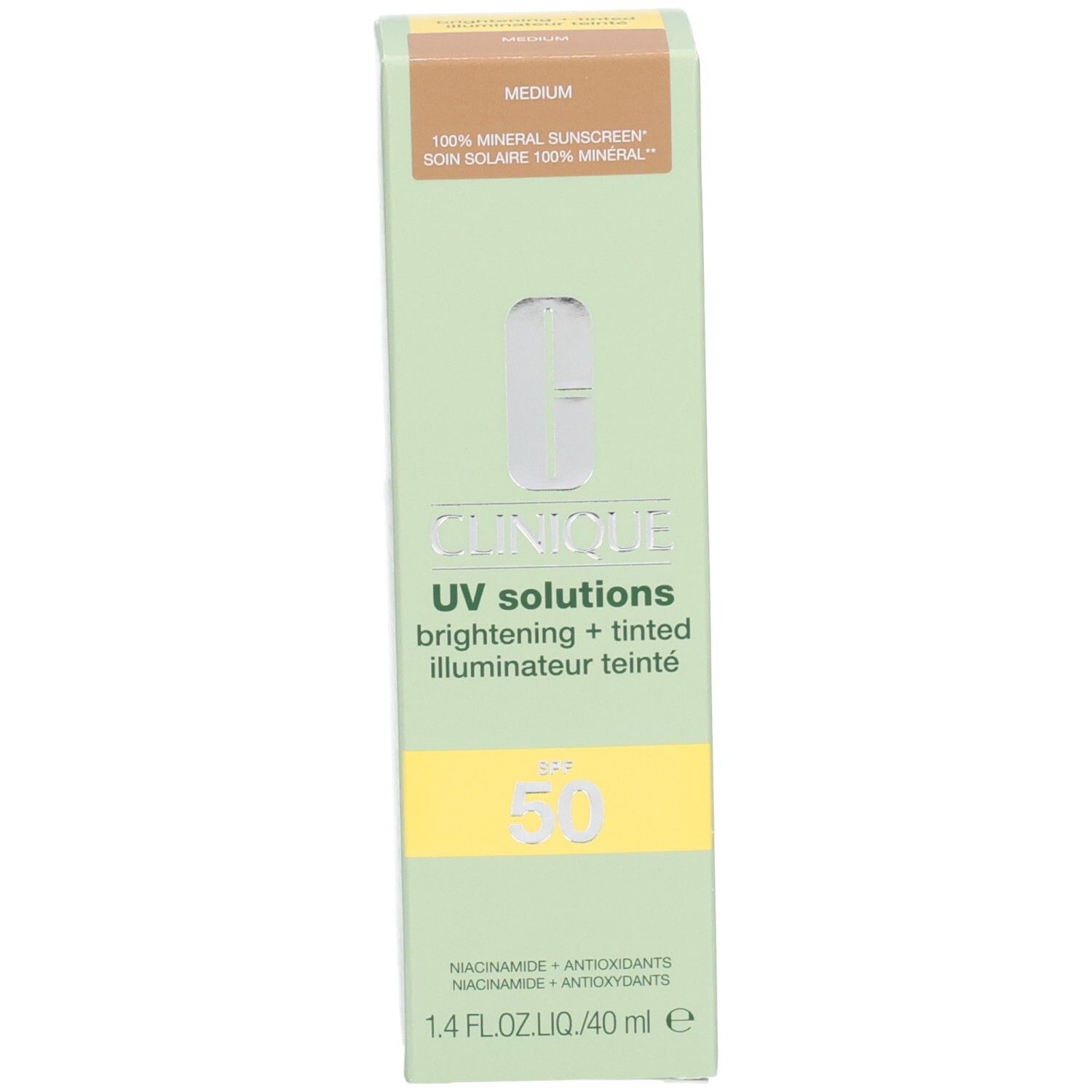 Verpackung der Clinique UV Solutions getönten Sonnencreme LSF 50, Medium.