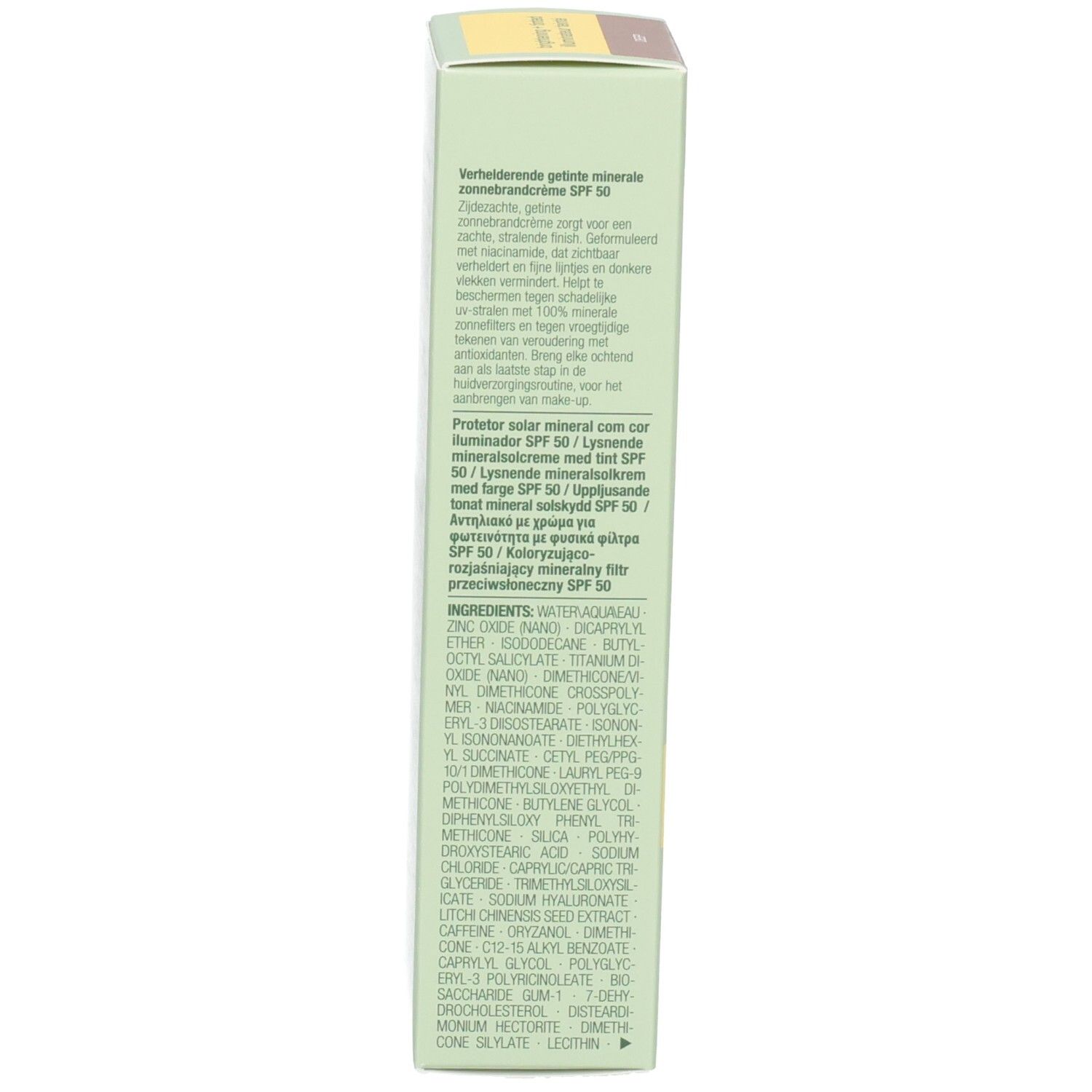 Seite der Clinique Sonnencreme-Verpackung mit detaillierten Inhaltsstoffen und Zertifizierungen.