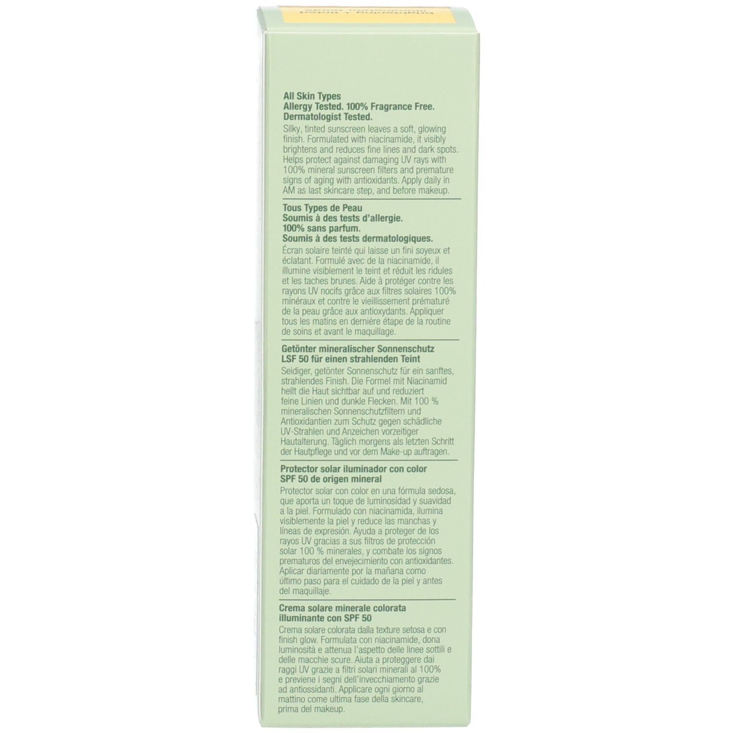 Seite der Clinique Sonnencreme-Verpackung mit Produktbeschreibungen in mehreren Sprachen.
