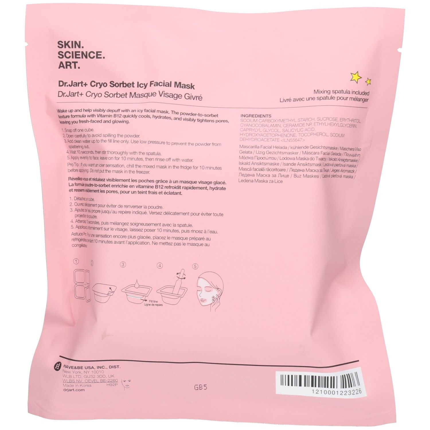 Rückseite der Dr.Jart+ Cryo Sorbet Icy Facial Mask Verpackung mit Anwendungshinweisen und Inhaltsstoffen.