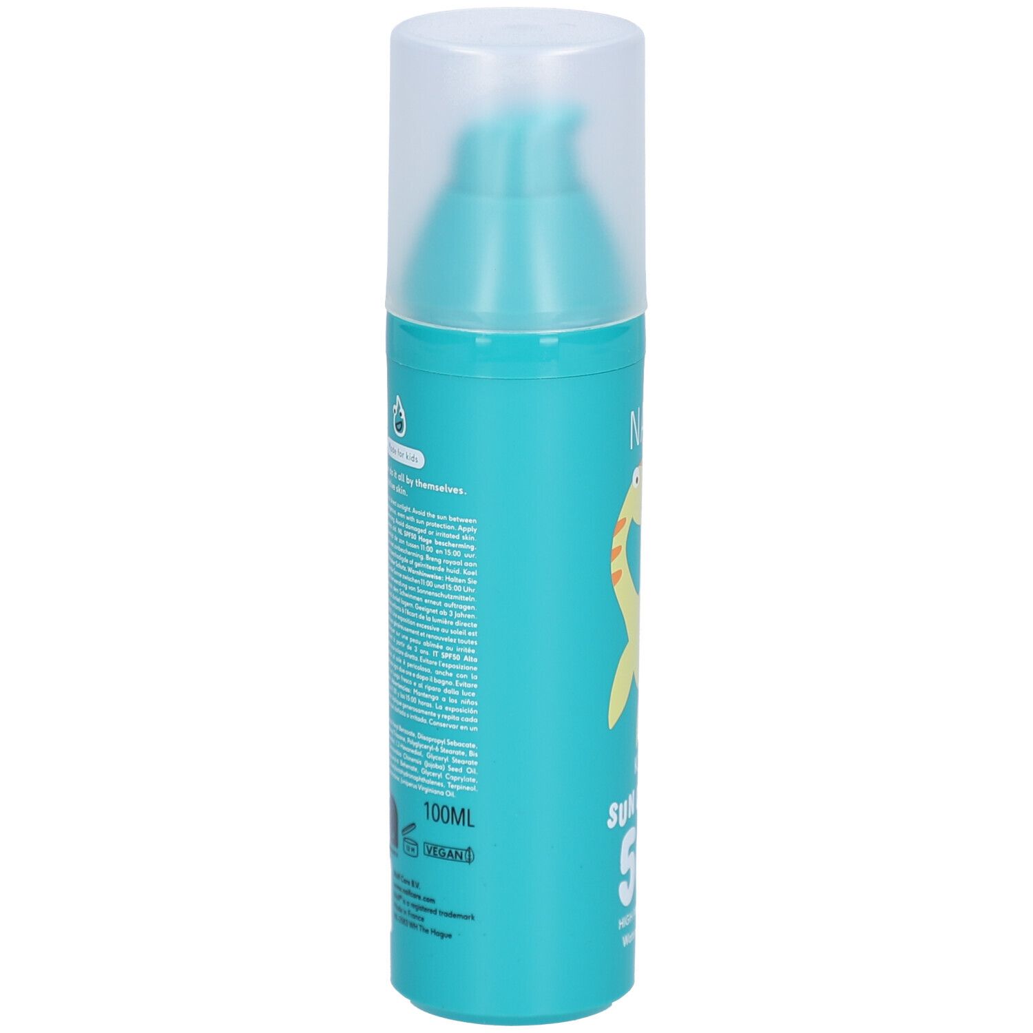 Türkisfarbene Sonnencreme-Flasche. Aufschrift: Naïf Kids Sun Cream 50. Rückseite mit Text und Logo. 100ml.