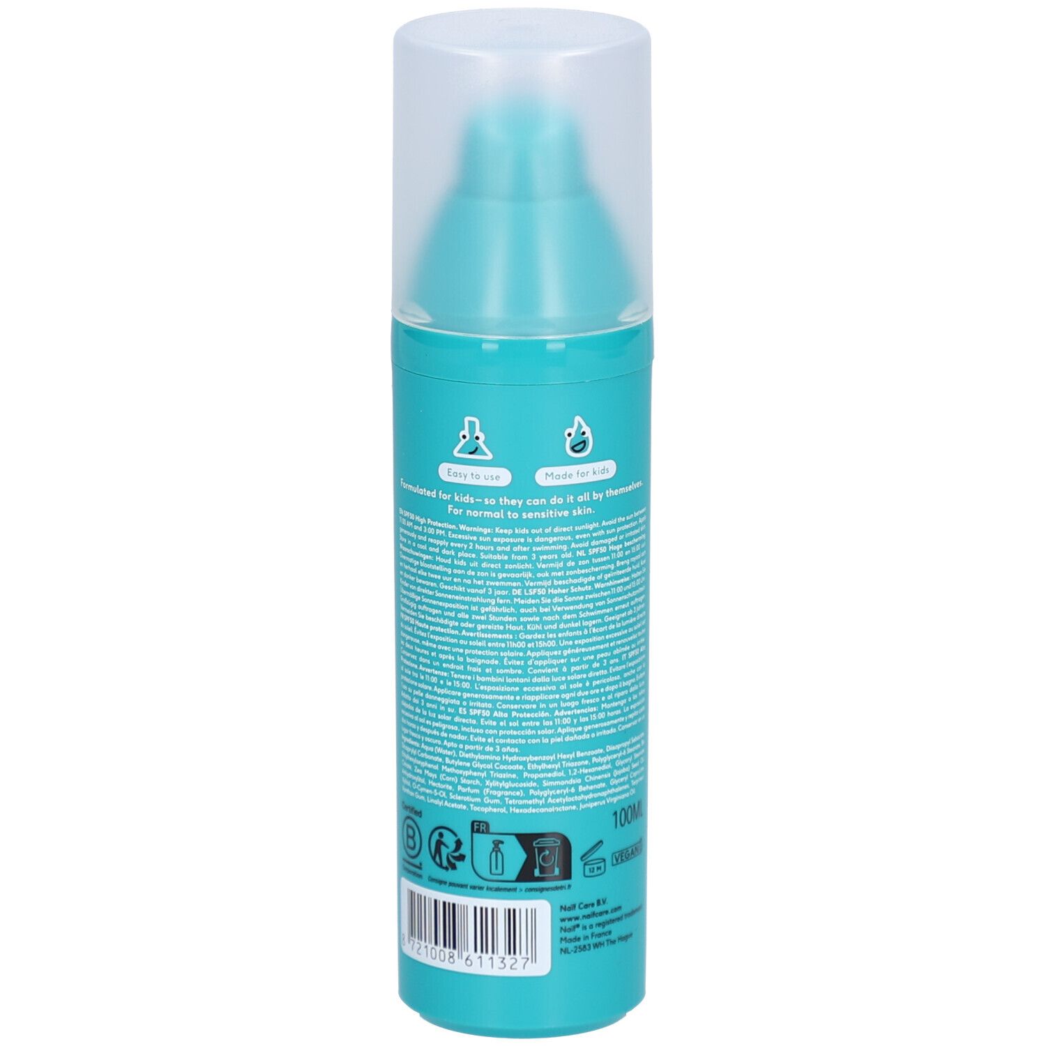 Rückseite einer türkisfarbenen Sonnencreme-Flasche. Text und Logos. 100ml. Vegan.
