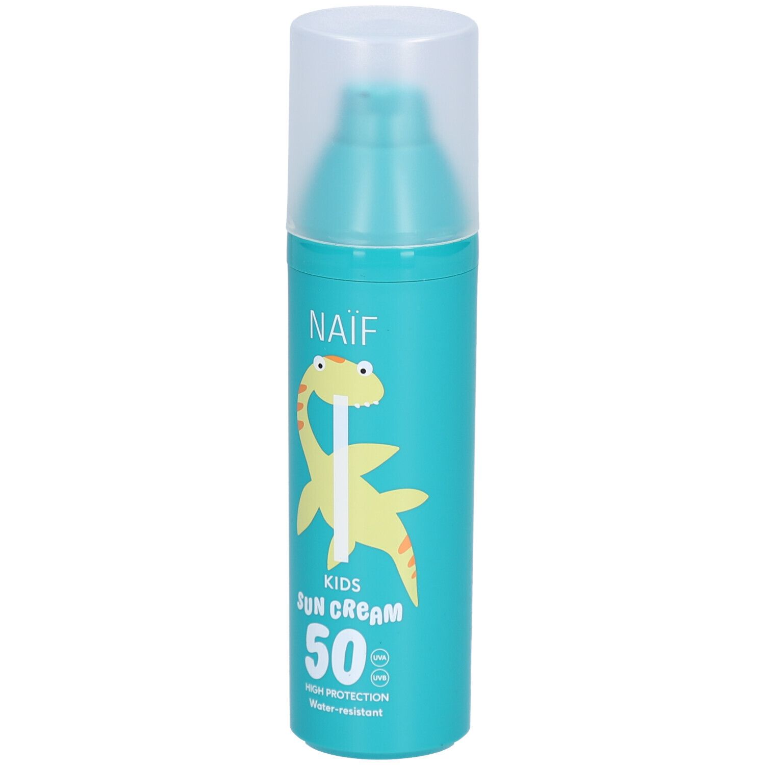 Türkisfarbene Sonnencreme-Flasche mit Dinosaurier-Illustration. Aufschrift: Naïf Kids Sun Cream 50. Wasserfest.