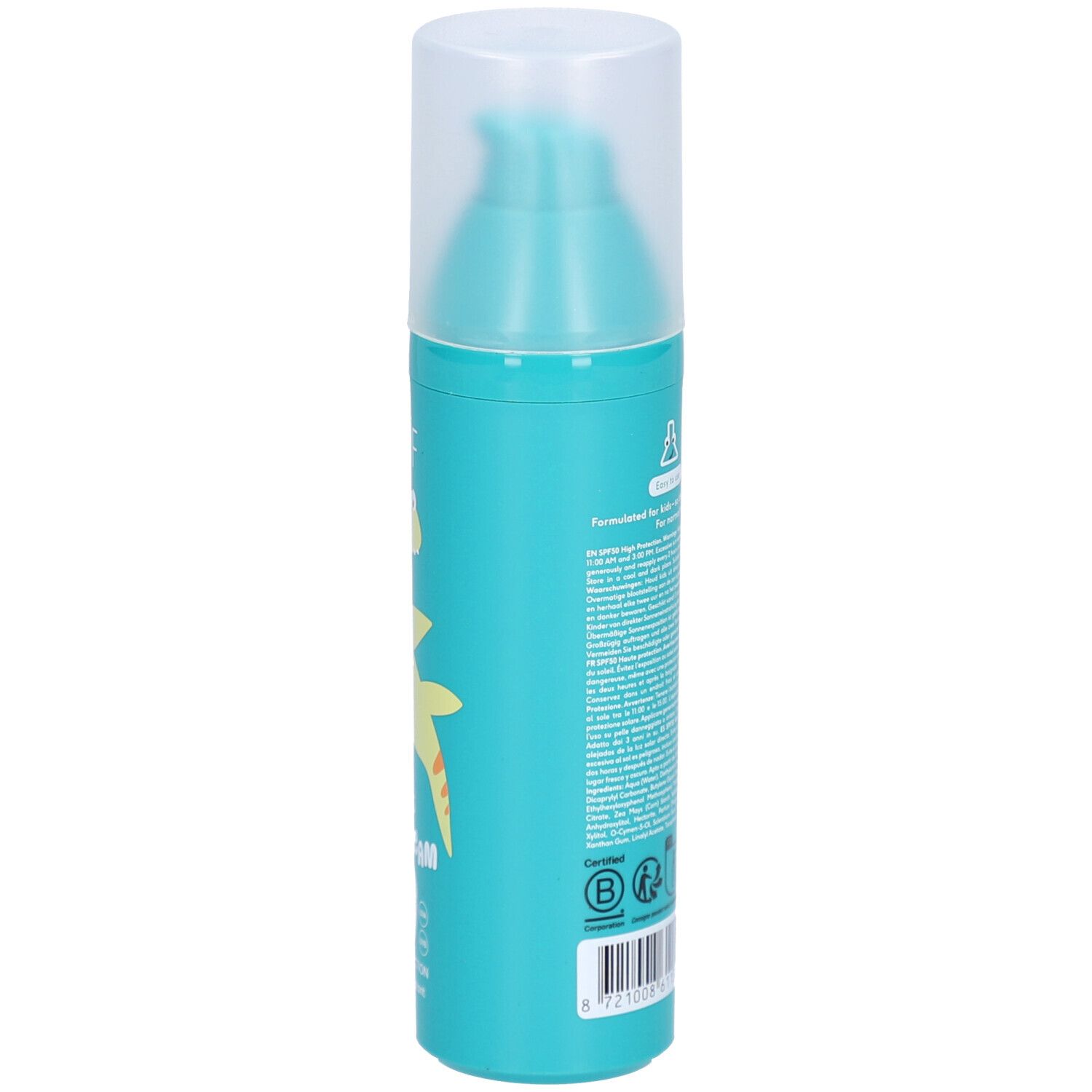 Türkisfarbene Sonnencreme-Flasche. Aufschrift: Naïf Kids Sun Cream 50. Rückseite mit Text und Logo. Vegan.
