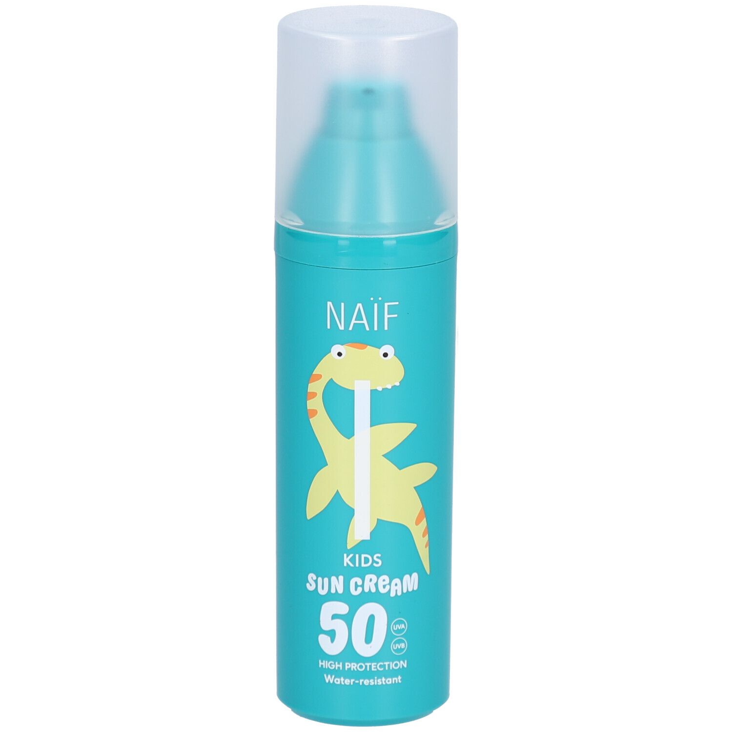 Türkisfarbene Sonnencreme-Flasche mit Dinosaurier-Illustration. Aufschrift: Naïf Kids Sun Cream 50. Wasserfest.