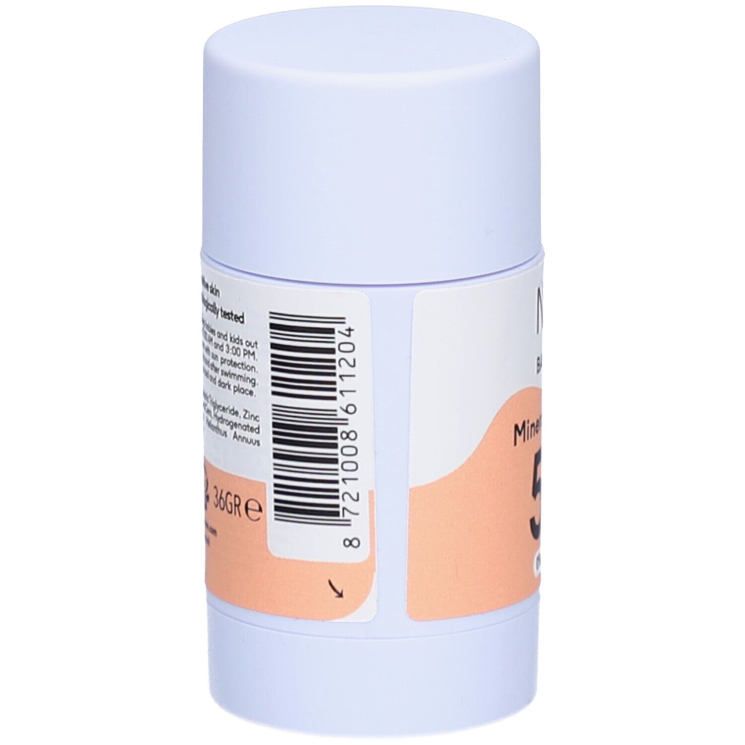 Rückseite des Sonnensticks. Barcode und Text: 36gr, 8721008611204. Aufschrift: Mineral Sun Stick 50. Aufkleber mit Inhaltsstoffen.