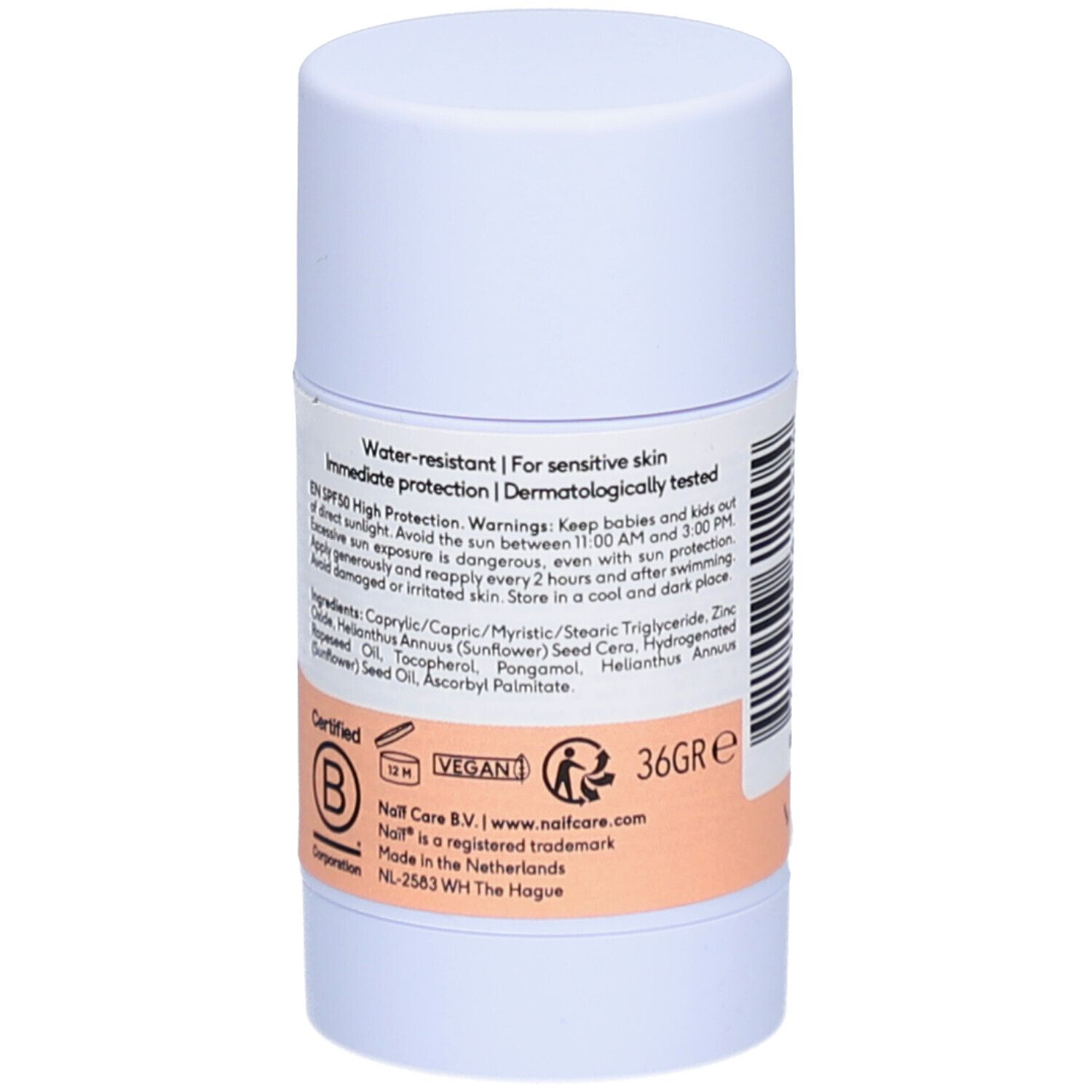 Sonnenstick-Rückseite. Text: Water-resistant, Immediate protection, Dermatologically tested. Vegan-Logo, B-Corp-Zertifizierung, 36gr.