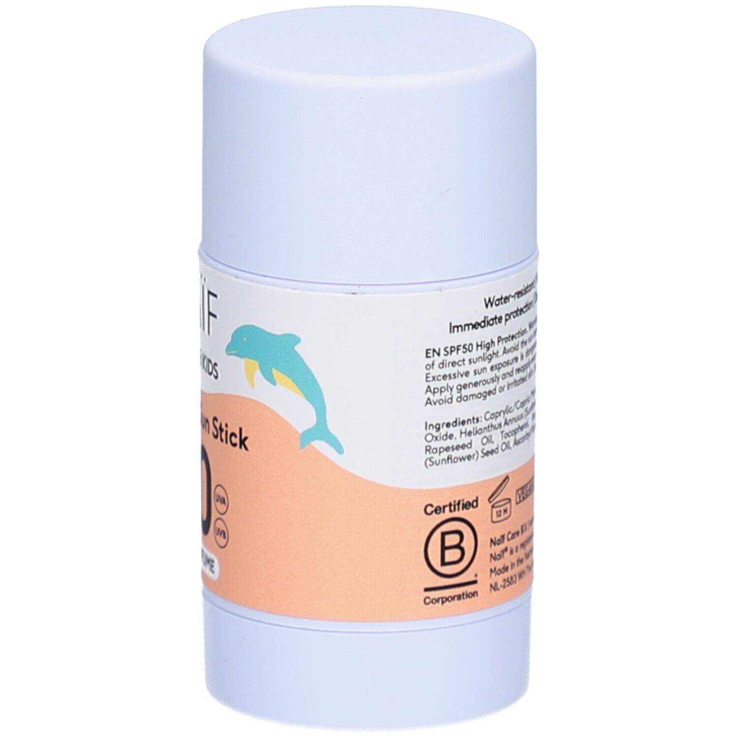 Sonnenstick-Rückseite. Text: Water-resistant, Immediate protection. B-Corp-Zertifizierung. Delfin-Illustration. Inhaltsstoffe.