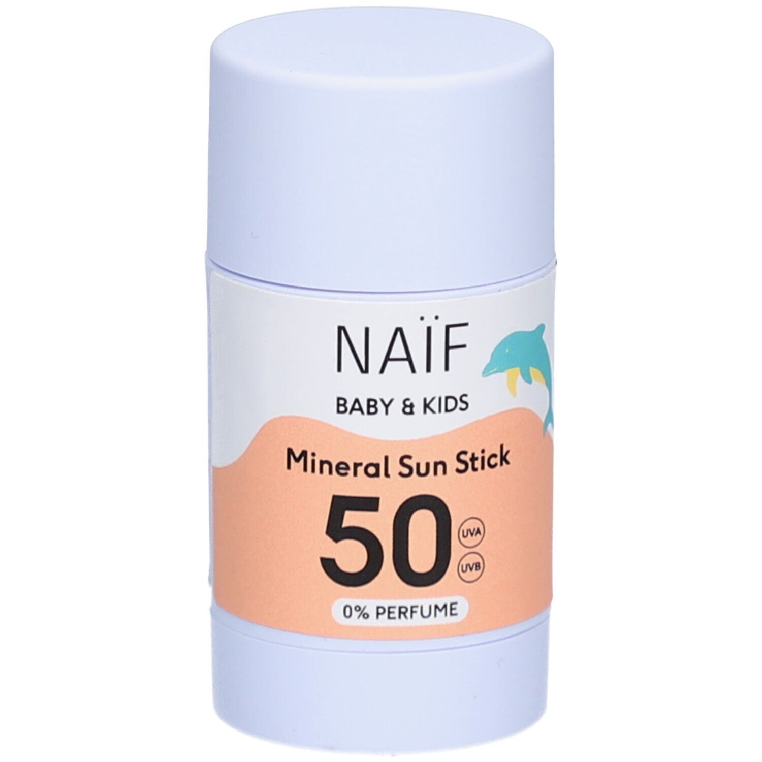 Mineralischer Sonnenstick für Babys & Kinder. Weißer Stick mit Aufschrift: NAÏF, Baby & Kids, Mineral Sun Stick 50, 0% Perfume. Delfin-Illustration.