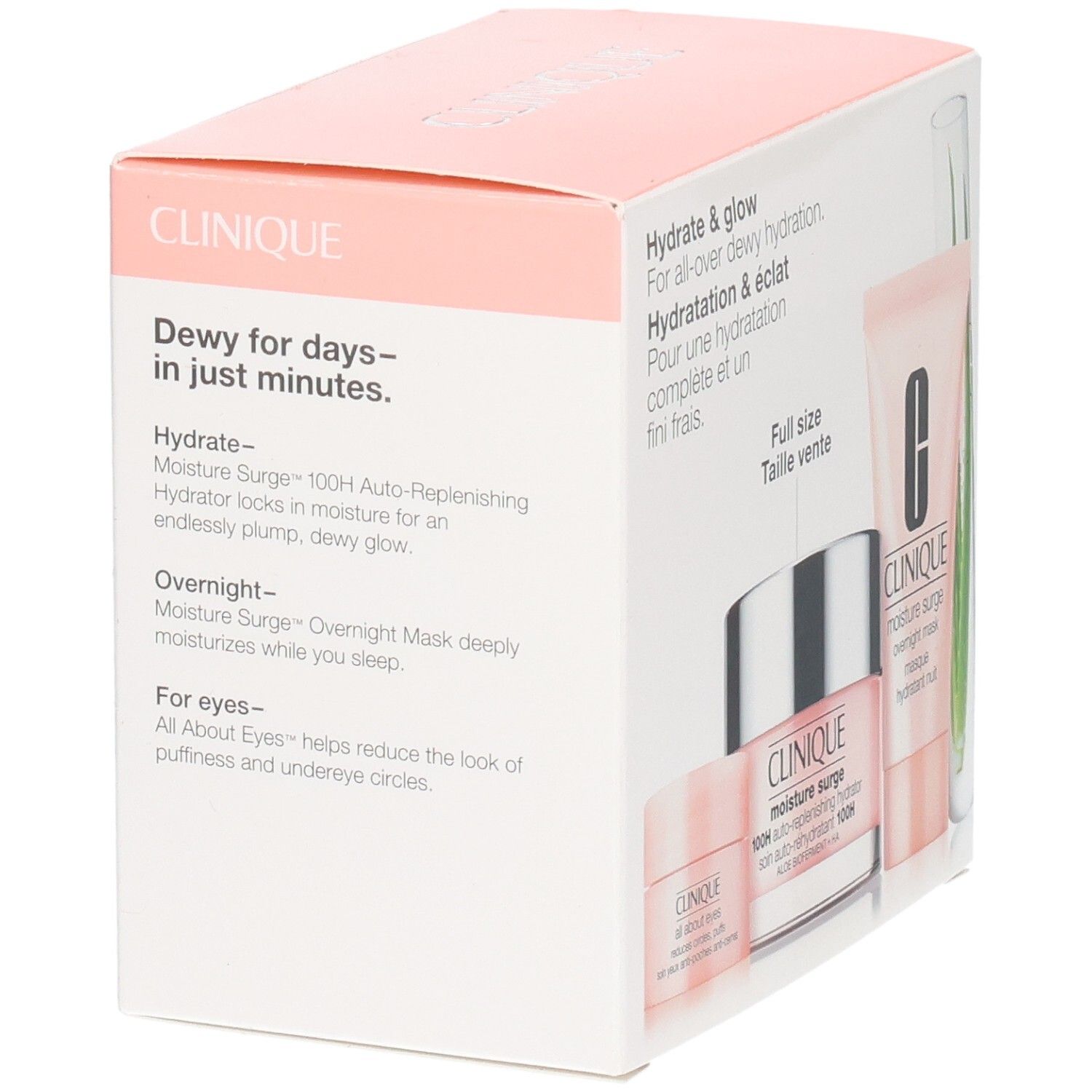 Rückansicht der Clinique Geschenkbox. Text beschreibt die Produkte: Feuchtigkeitspflege, Nachtmaske und Augencreme.