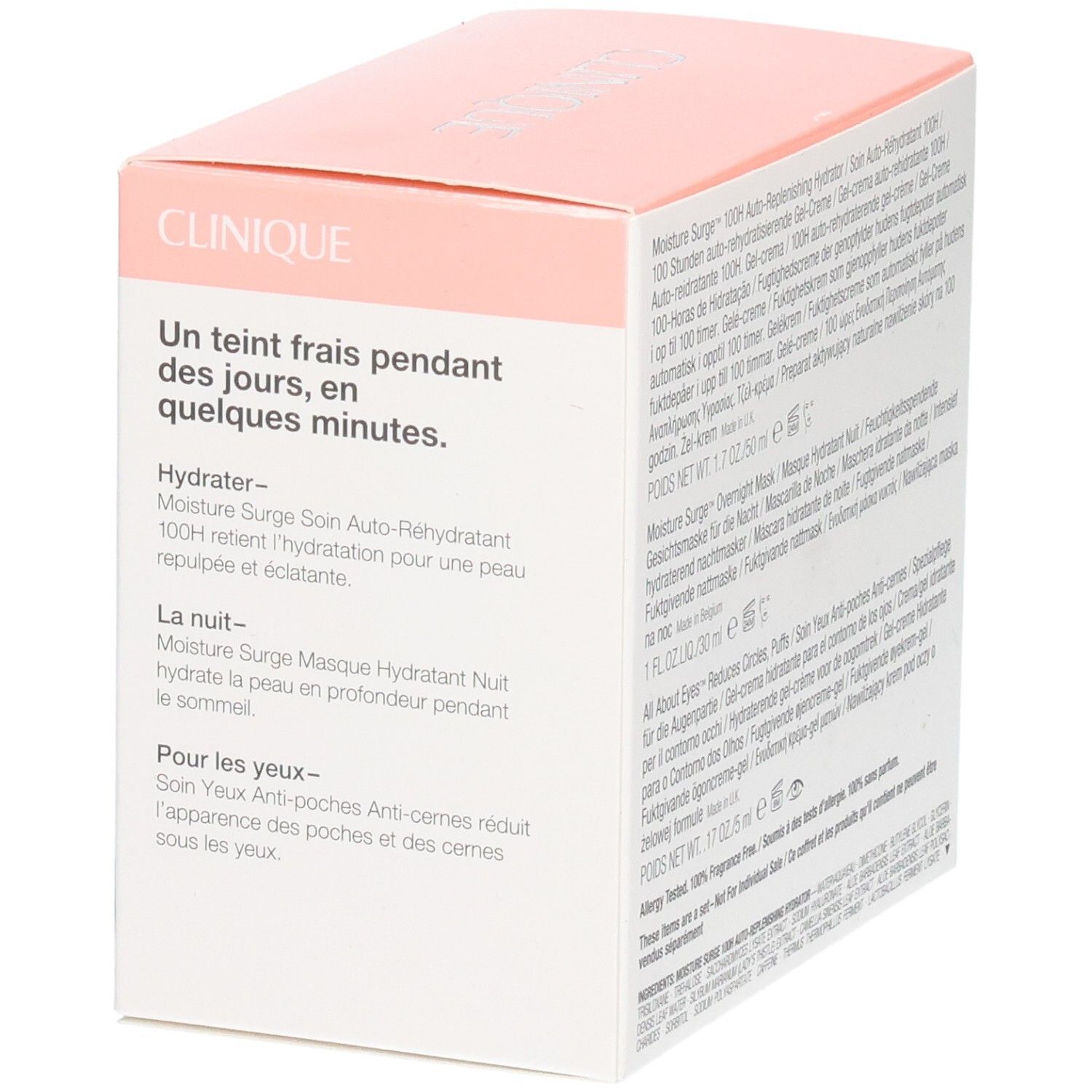 Seite der Clinique Geschenkbox mit Produktbeschreibungen auf Französisch. Enthält Informationen zu den Produkten.