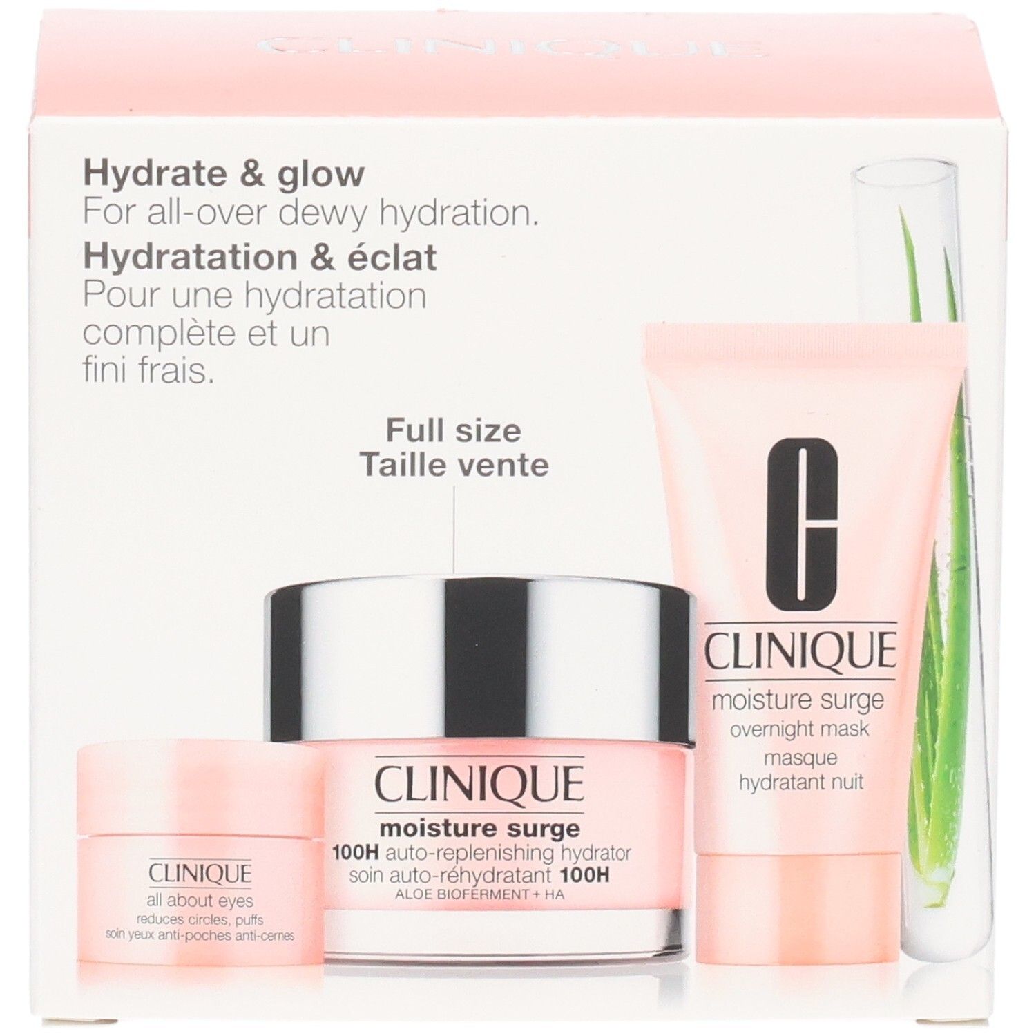 Clinique Geschenkset mit drei Produkten: Feuchtigkeitspflege, Augencreme und Nachtmaske. Rosa Verpackung.