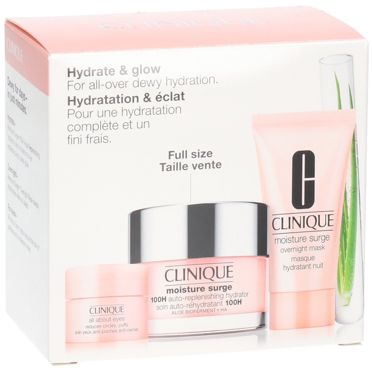 Clinique Geschenkset mit drei Produkten: Feuchtigkeitspflege, Augencreme und Nachtmaske. Rosa Verpackung.