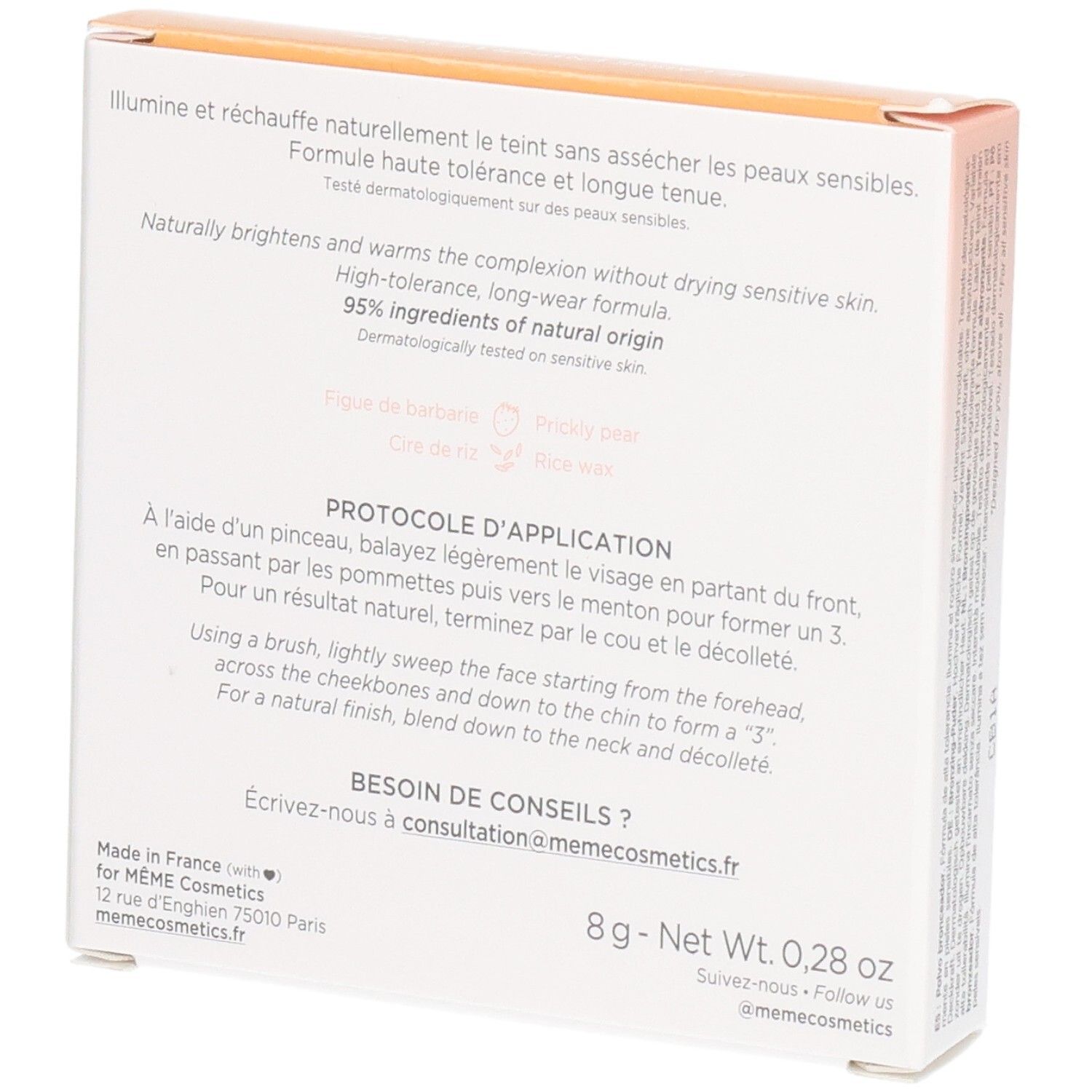 Rückseite der Verpackung des Bronzing Powders „La Poudre Bonne Mine“ mit Anwendungshinweisen.