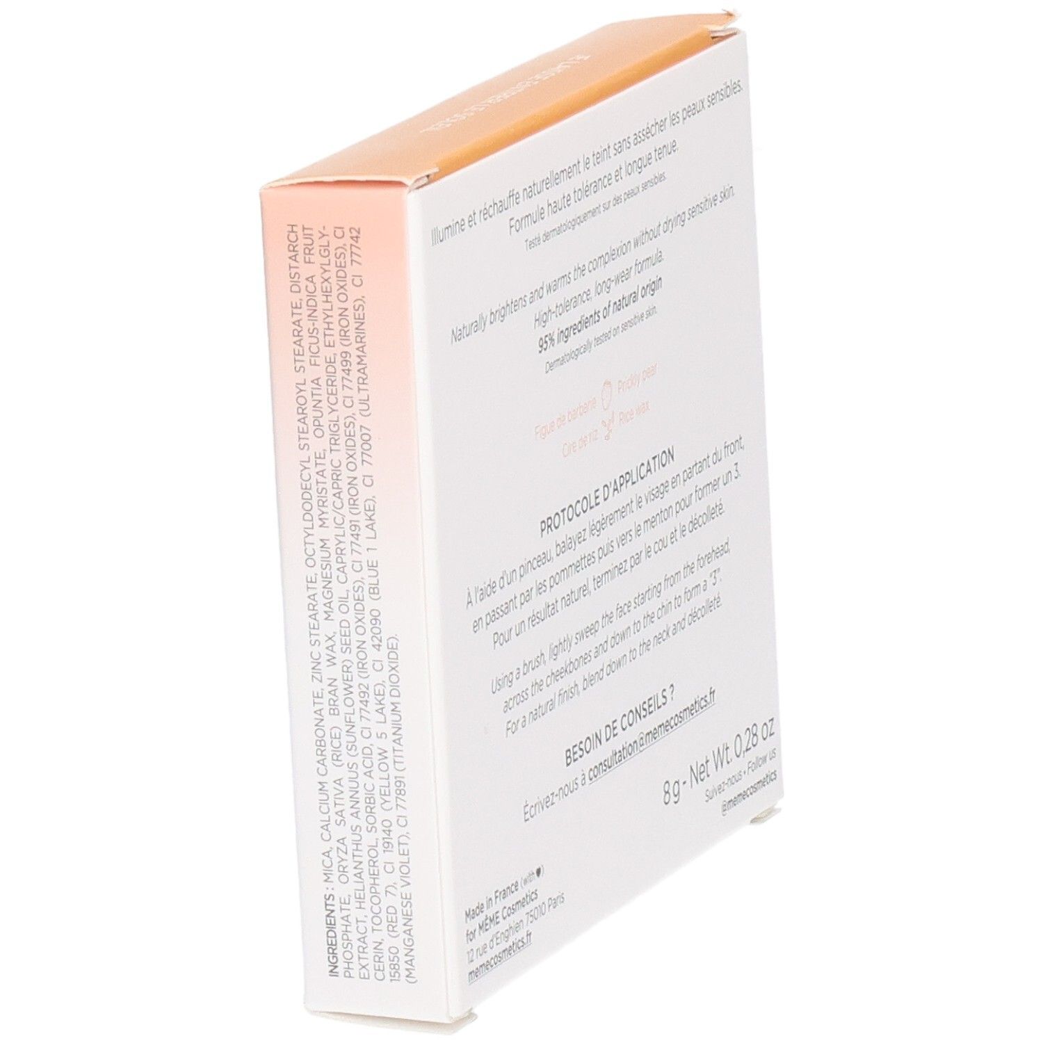 Seitenansicht der Verpackung des Bronzing Powders „La Poudre Bonne Mine“ mit Inhaltsstoffangaben.