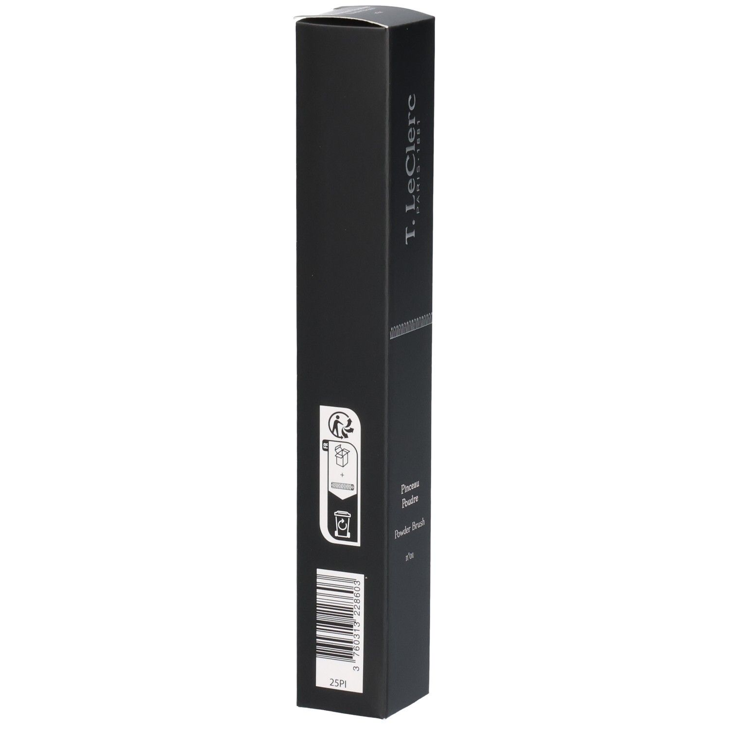 Schwarze Verpackung mit Produktinformationen. Barcode und Recycling-Symbole. "T. LeClerc PARIS 1881" und "Pinceau Poudre Powder Brush n°01".