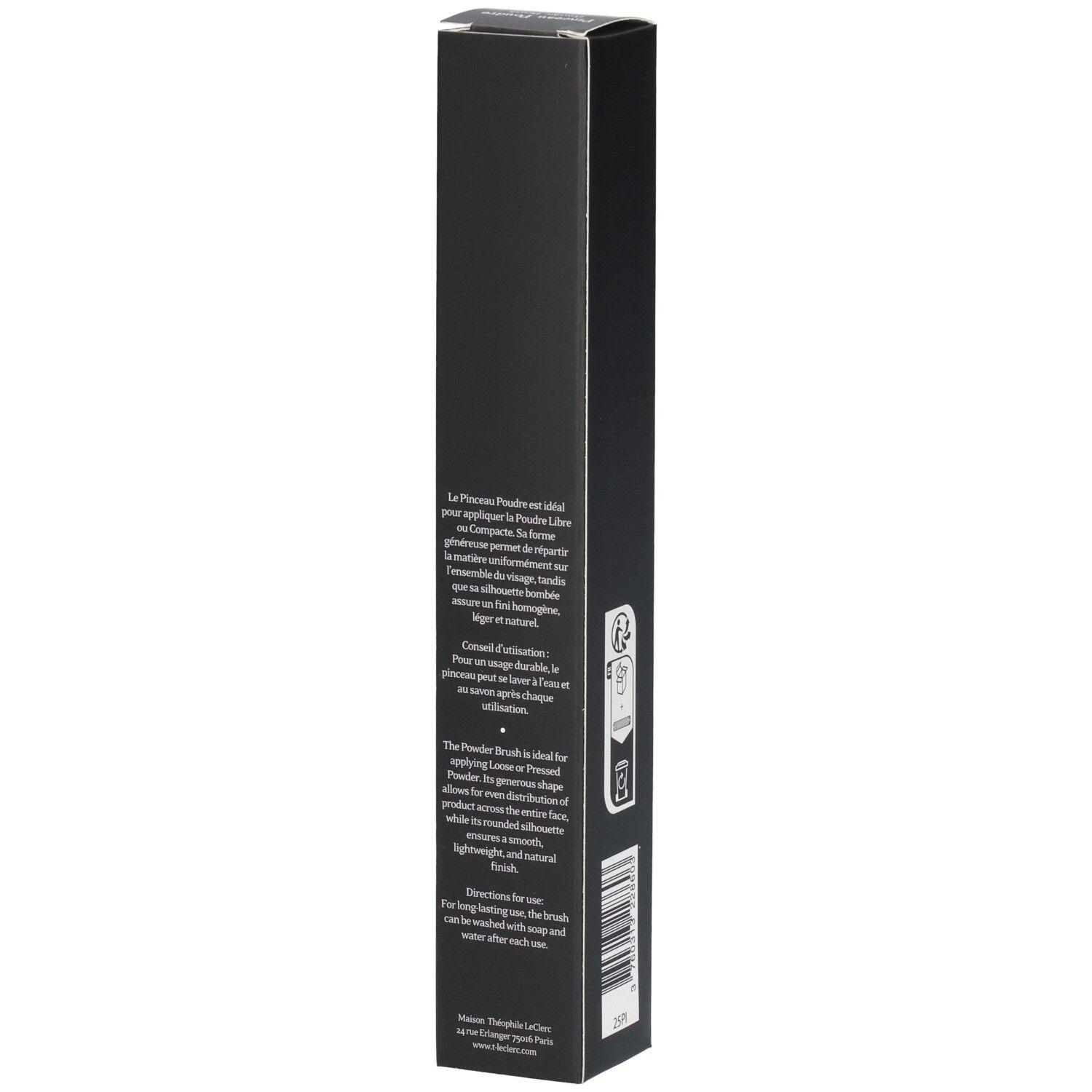 Schwarze Verpackung mit Text. Produktbeschreibung auf Französisch und Englisch. Recycling-Symbol. "Pinceau Poudre Powder Brush".
