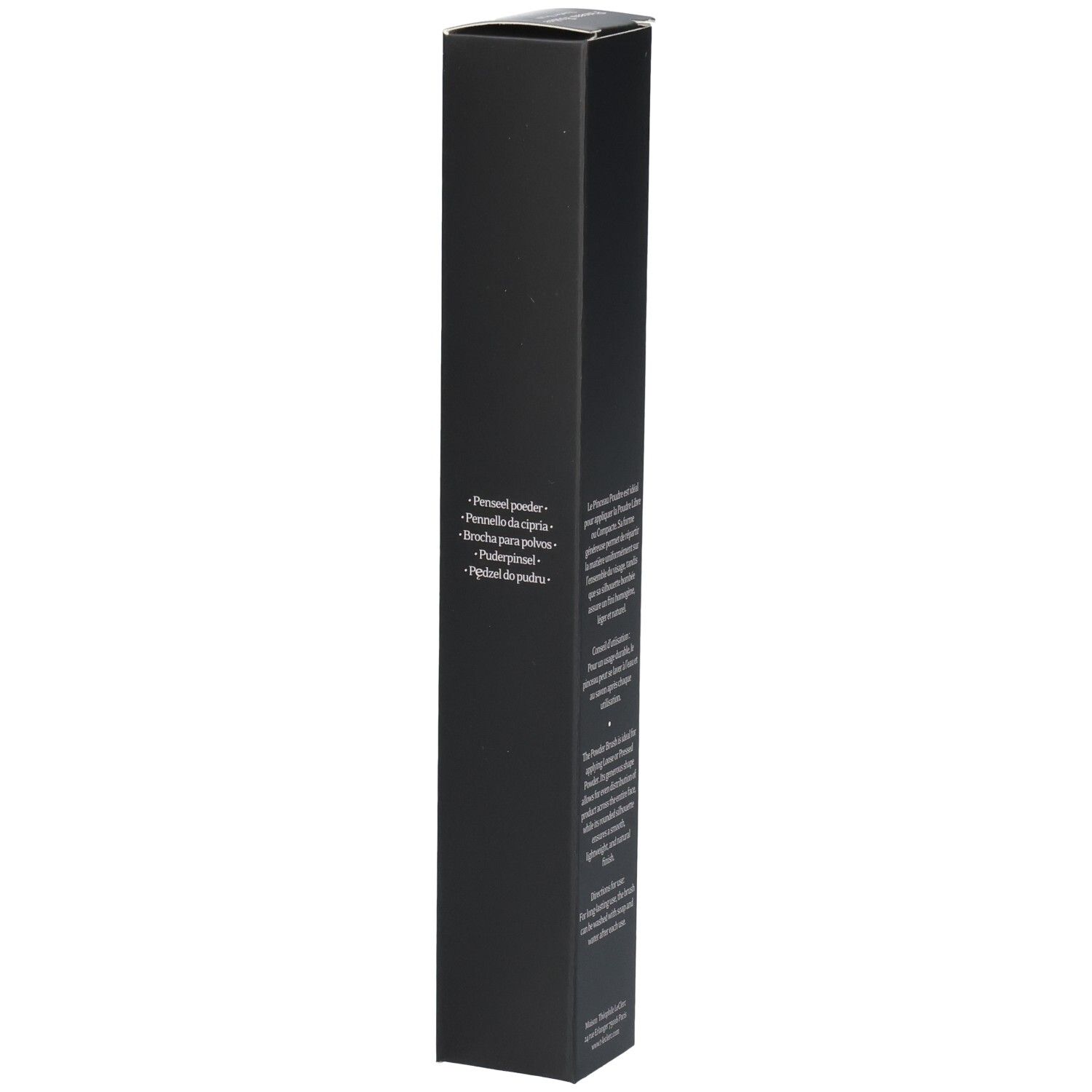 Schwarze Verpackung mit Text. Produktinformationen in mehreren Sprachen. "Pinceau Poudre Powder Brush".