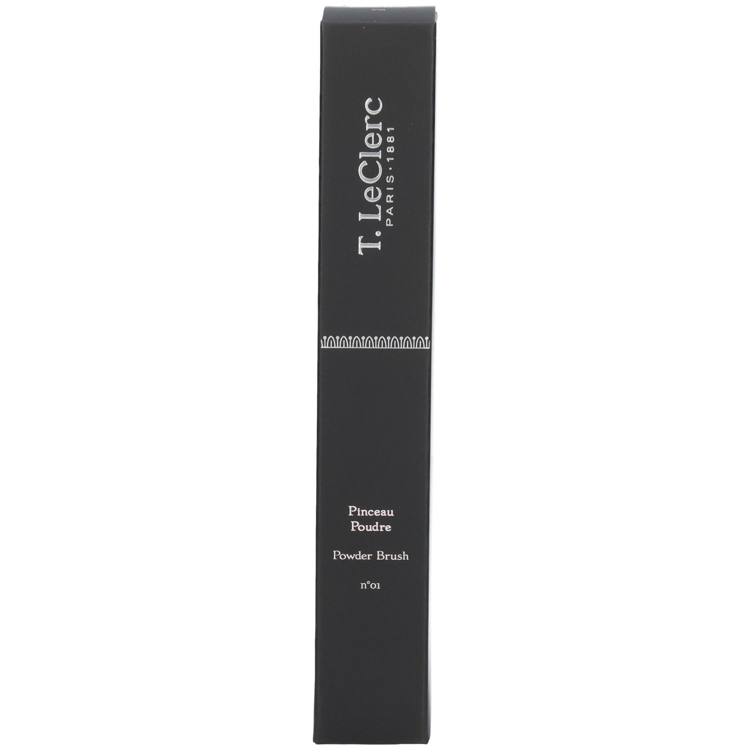 Schwarze Verpackung mit Produktinformationen. Oben steht "T. LeClerc PARIS 1881". Darunter "Pinceau Poudre Powder Brush n°01".