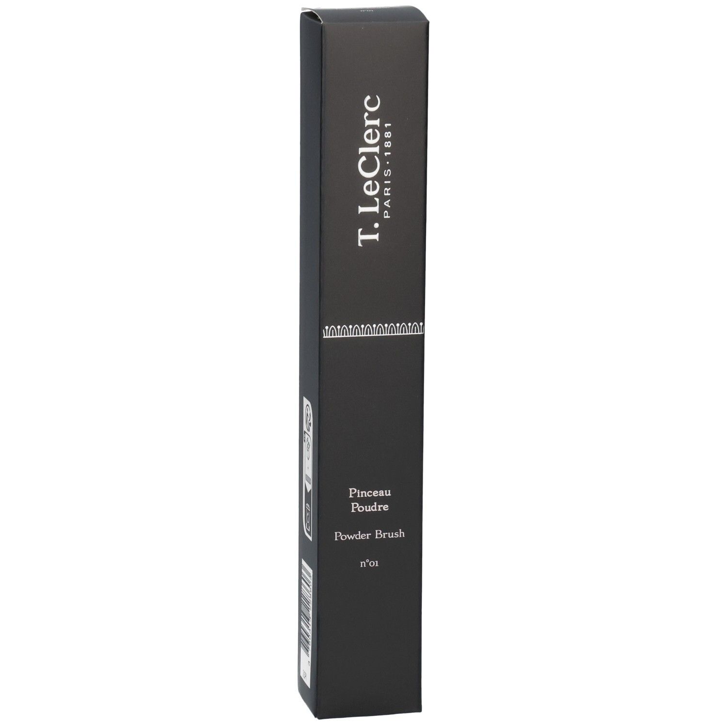 Schwarze Verpackung mit Produktinformationen. Oben steht "T. LeClerc PARIS 1881". Darunter "Pinceau Poudre Powder Brush n°01".