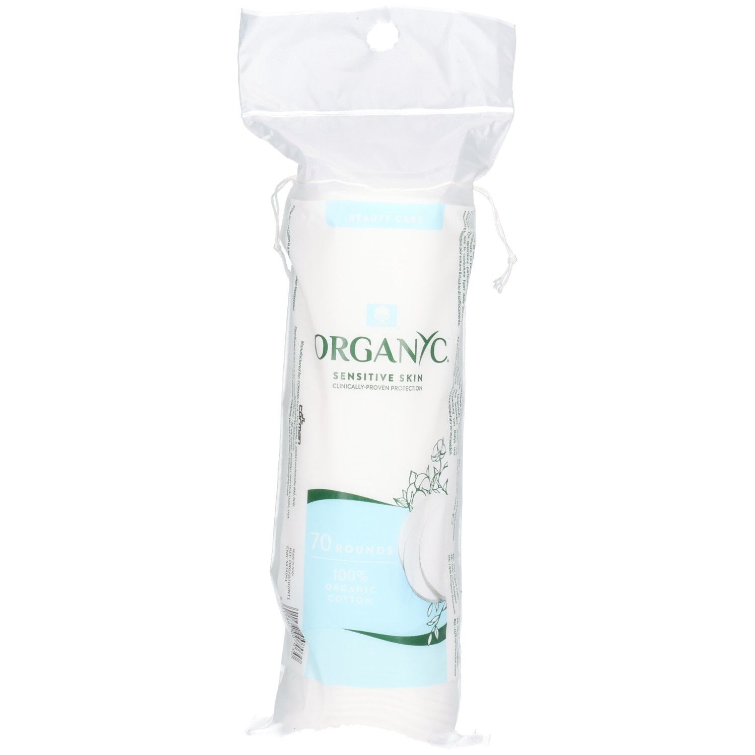 Organyc Wattepads für empfindliche Haut, 100% Bio-Baumwolle, in transparenter Verpackung.