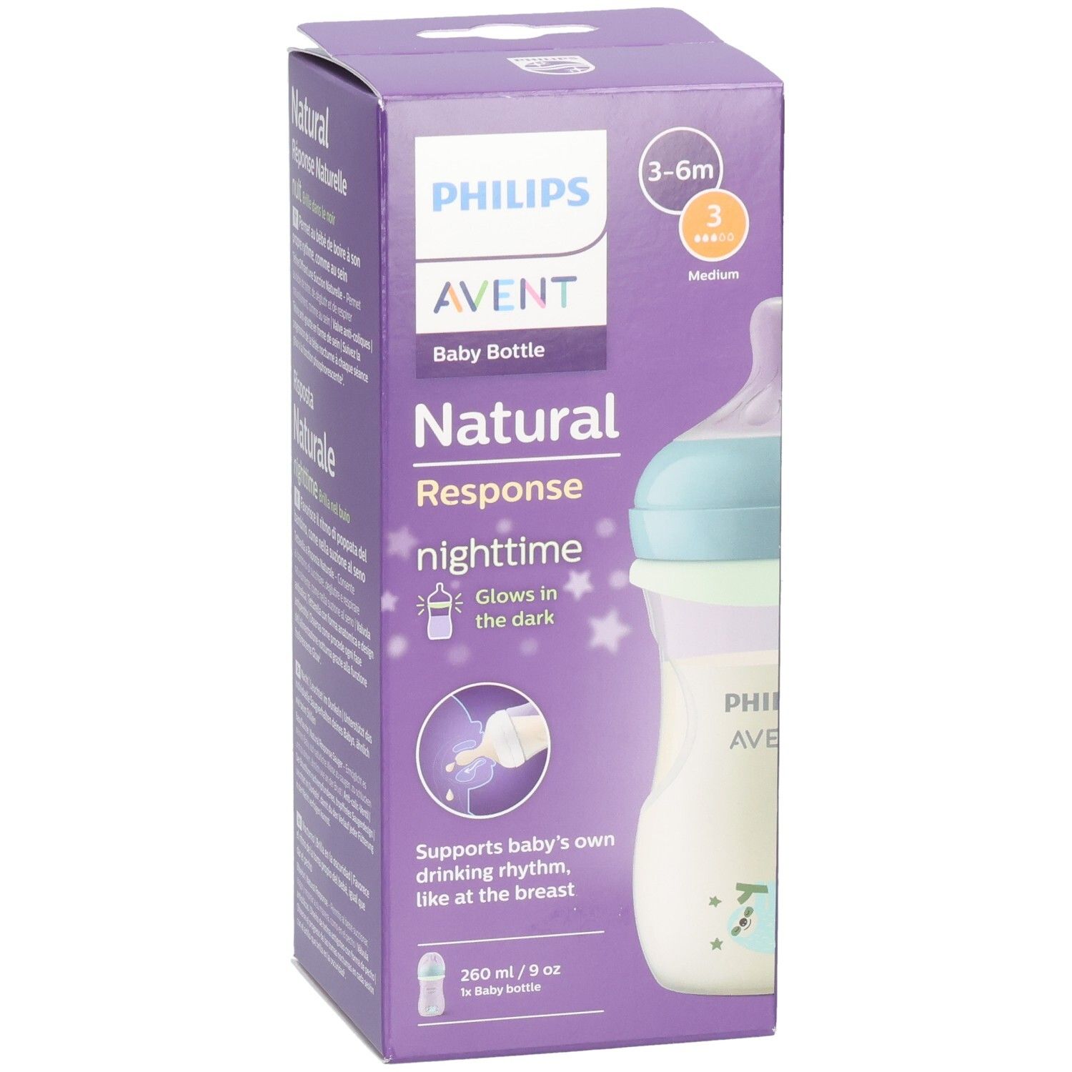 Verpackung der Philips AVENT Babyflasche. Lila Box mit Flasche, Text und Logo. Altersempfehlung 3-6 Monate.