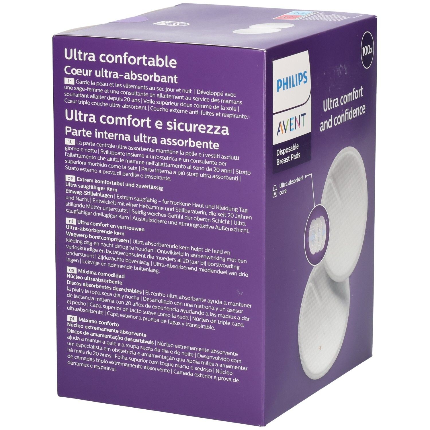 Rückseite der Philips AVENT Brustkompressen-Verpackung. Text in mehreren Sprachen. Violette Box mit Produktinformationen.