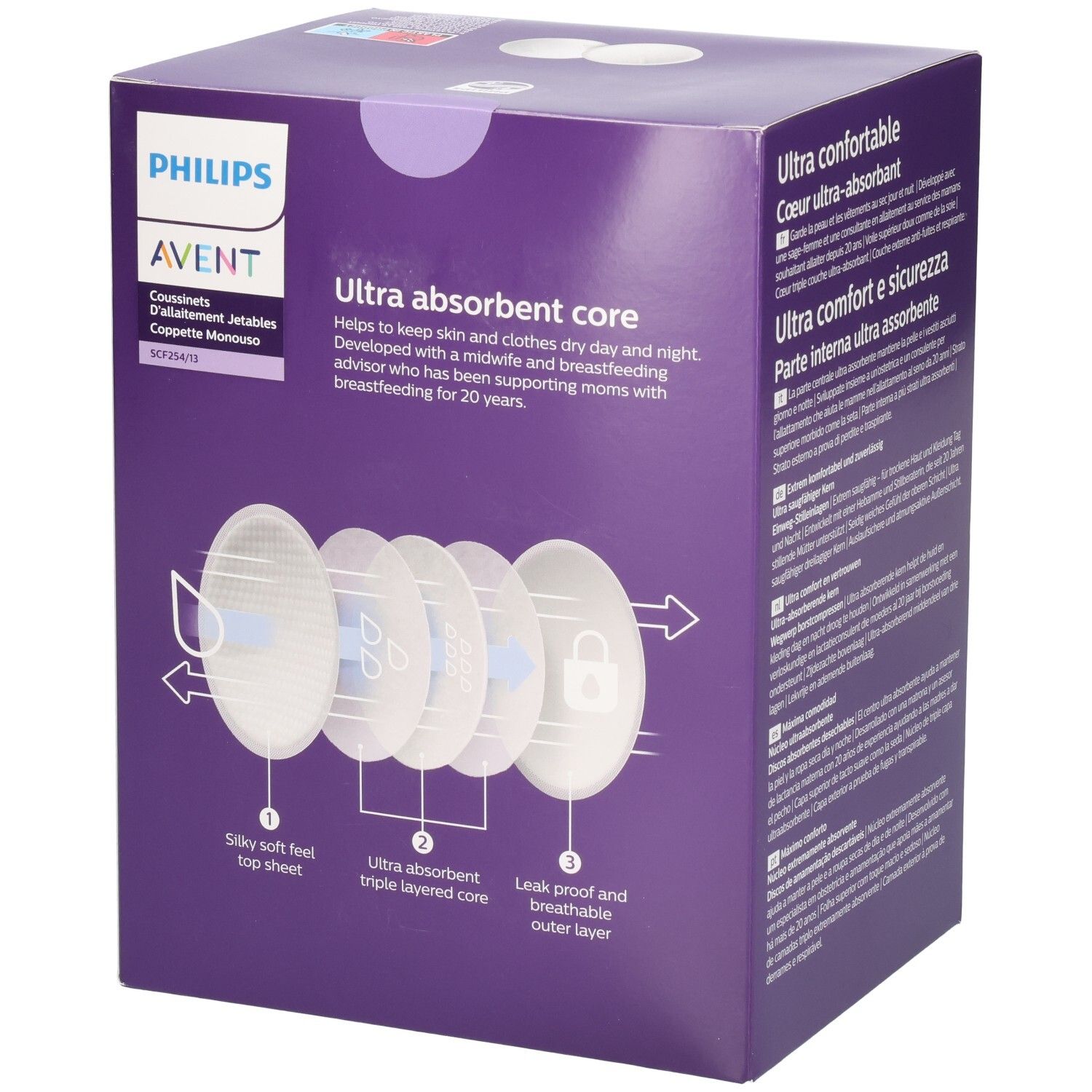 Seite der Philips AVENT Brustkompressen-Verpackung. Illustration der Schichten. Violette Box mit Produktinformationen.