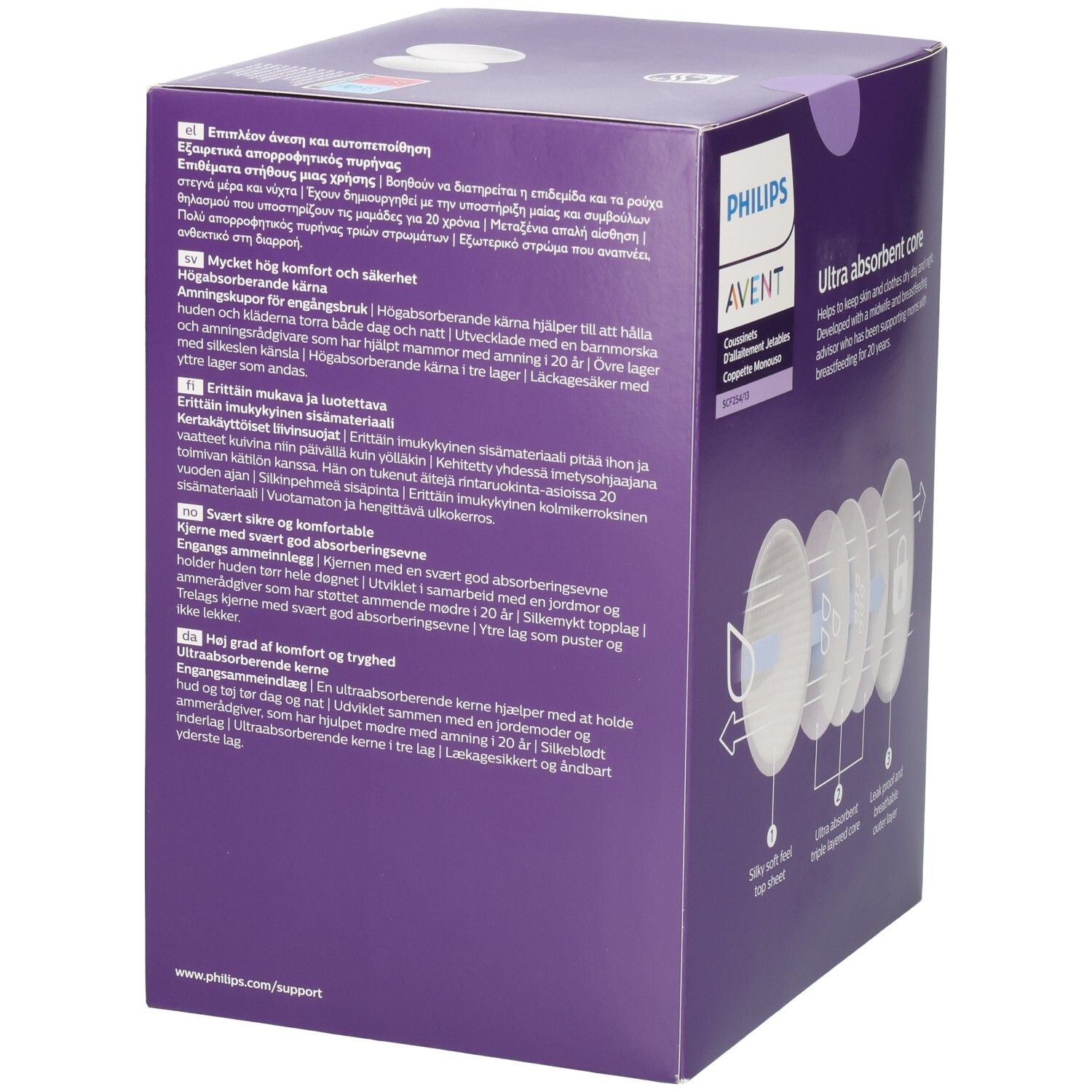 Seite der Philips AVENT Brustkompressen-Verpackung. Text in mehreren Sprachen. Violette Box mit Produktinformationen.