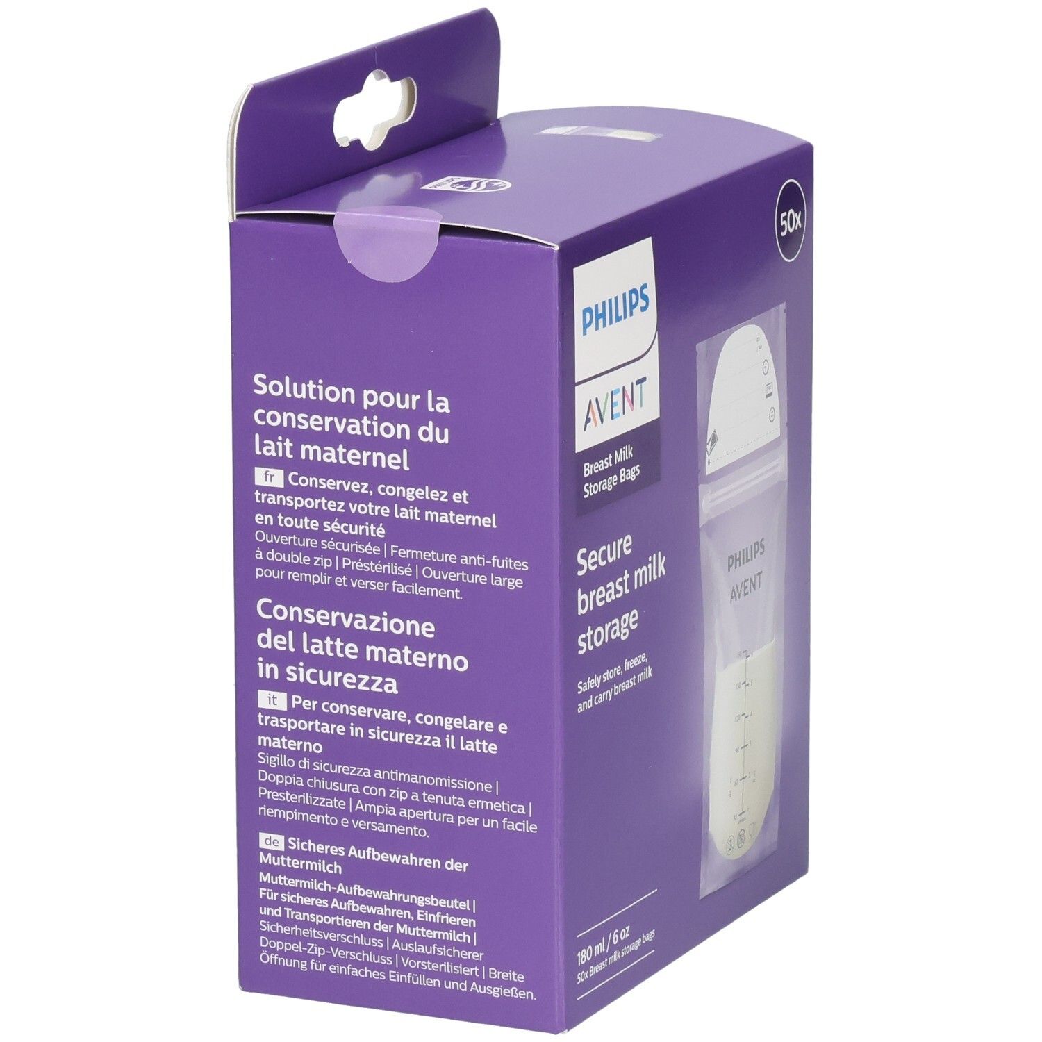 Rückseite der Verpackung mit Produktinformationen in verschiedenen Sprachen. Philips AVENT Muttermilch-Aufbewahrungsbeutel.