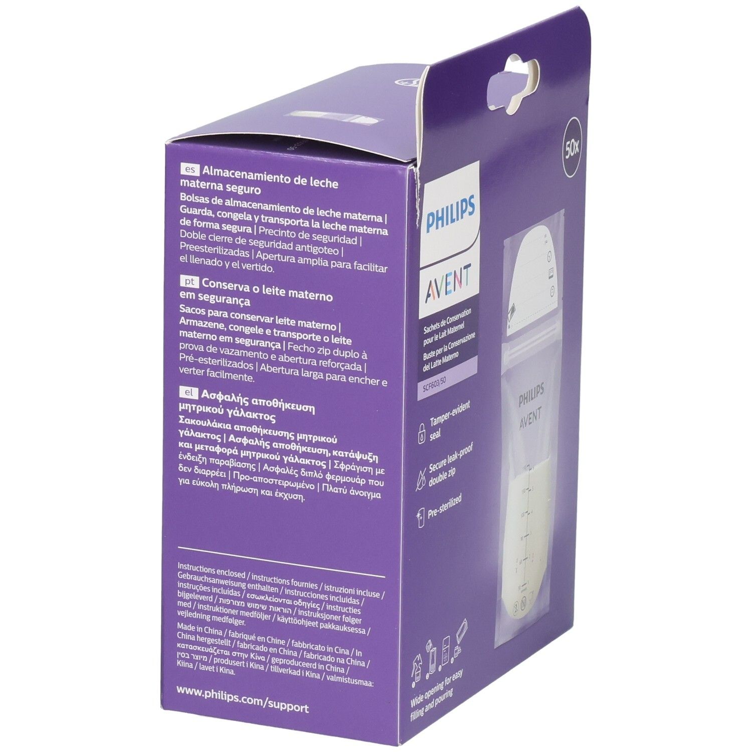 Rückseite der Verpackung mit Produktinformationen in verschiedenen Sprachen. Philips AVENT Muttermilch-Aufbewahrungsbeutel.