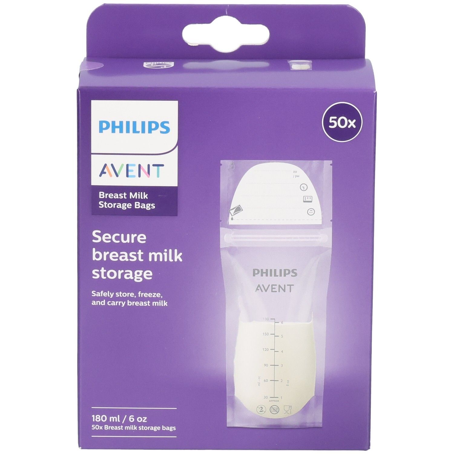 Verpackung mit Philips AVENT Muttermilch-Aufbewahrungsbeuteln. Enthält 50 Beutel. Sichtbar: Beutel mit Messskala.